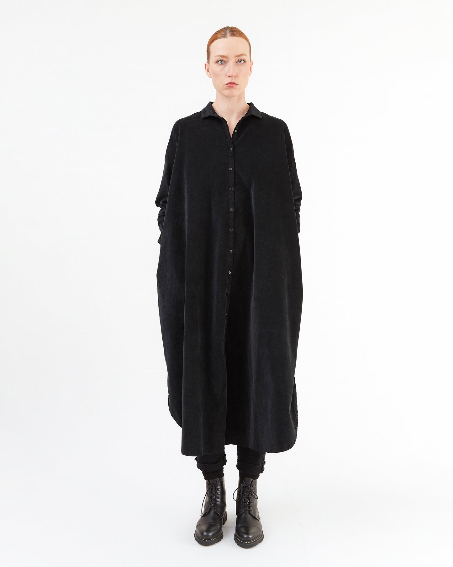 Album Di Famiglia Long Velvet Shirt Dress in Black