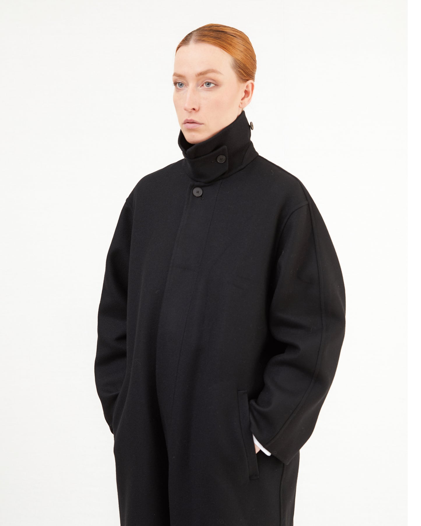 Aton Women's Super 120's Double Melton Wool Balmacaan Coat in Black