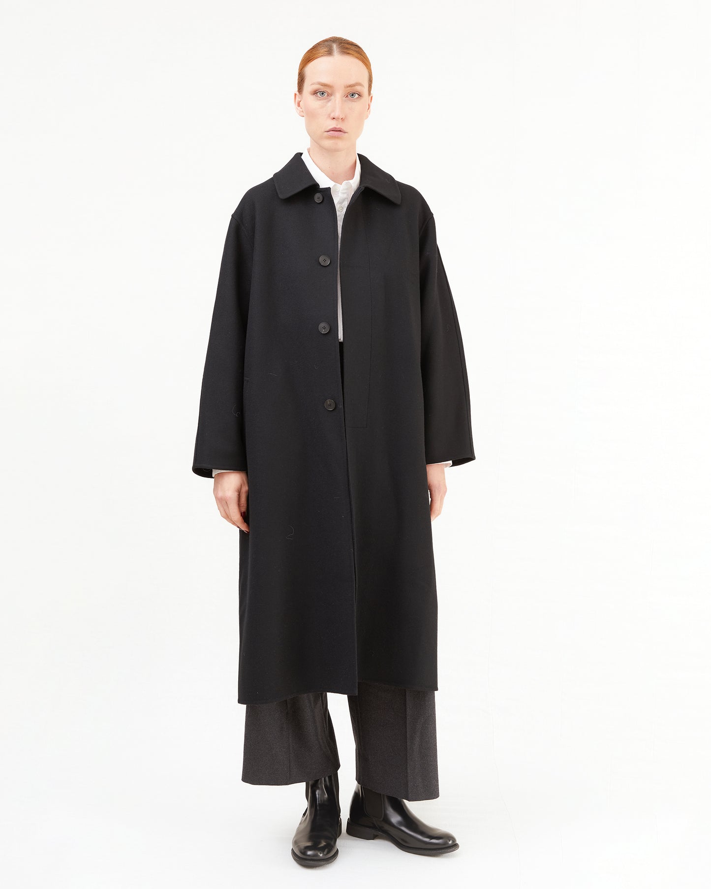 Aton Women's Super 120's Double Melton Wool Balmacaan Coat in Black