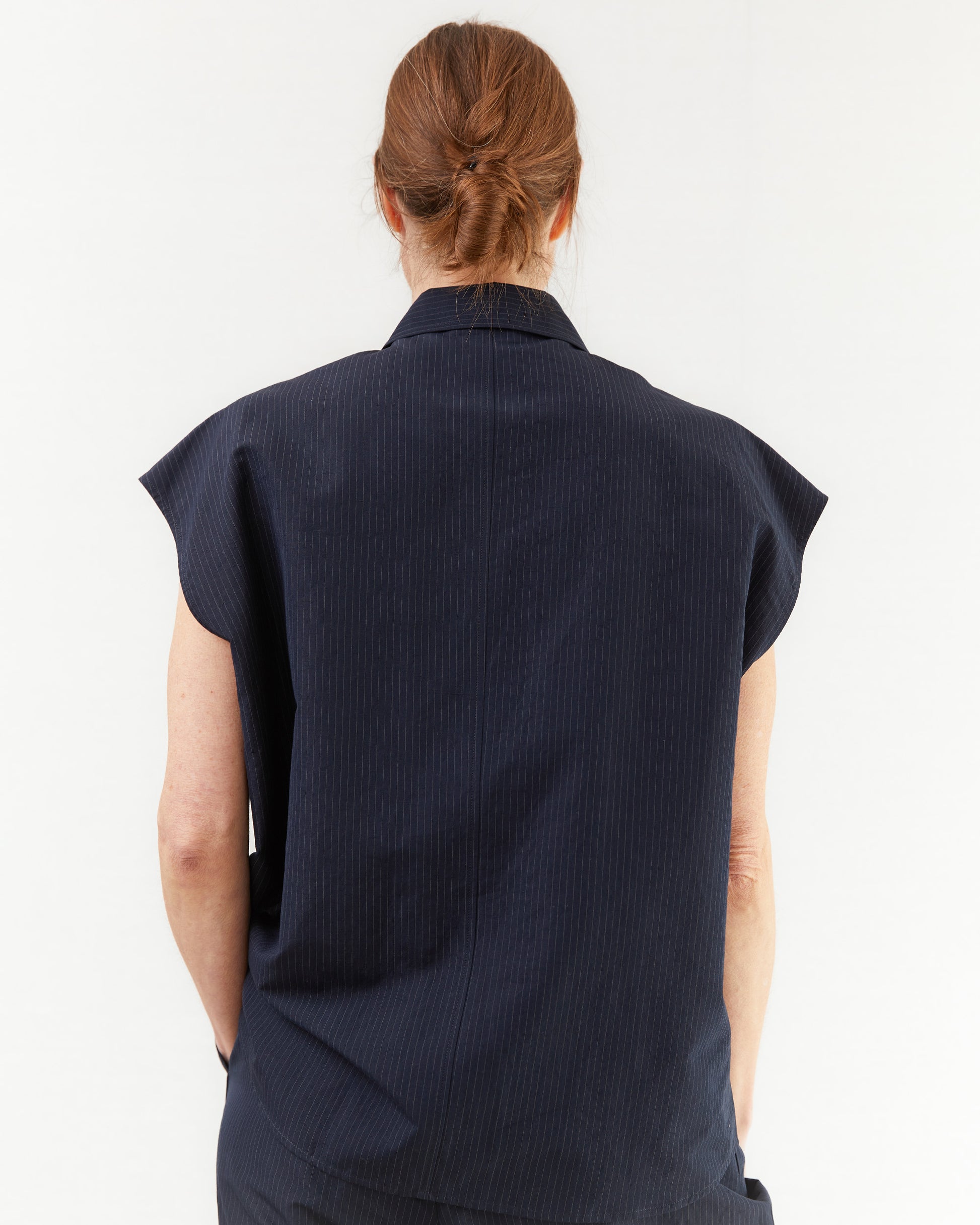 Aton Women's Silk Linen Shantaung Shirt Vest in Navy Pin Stripe