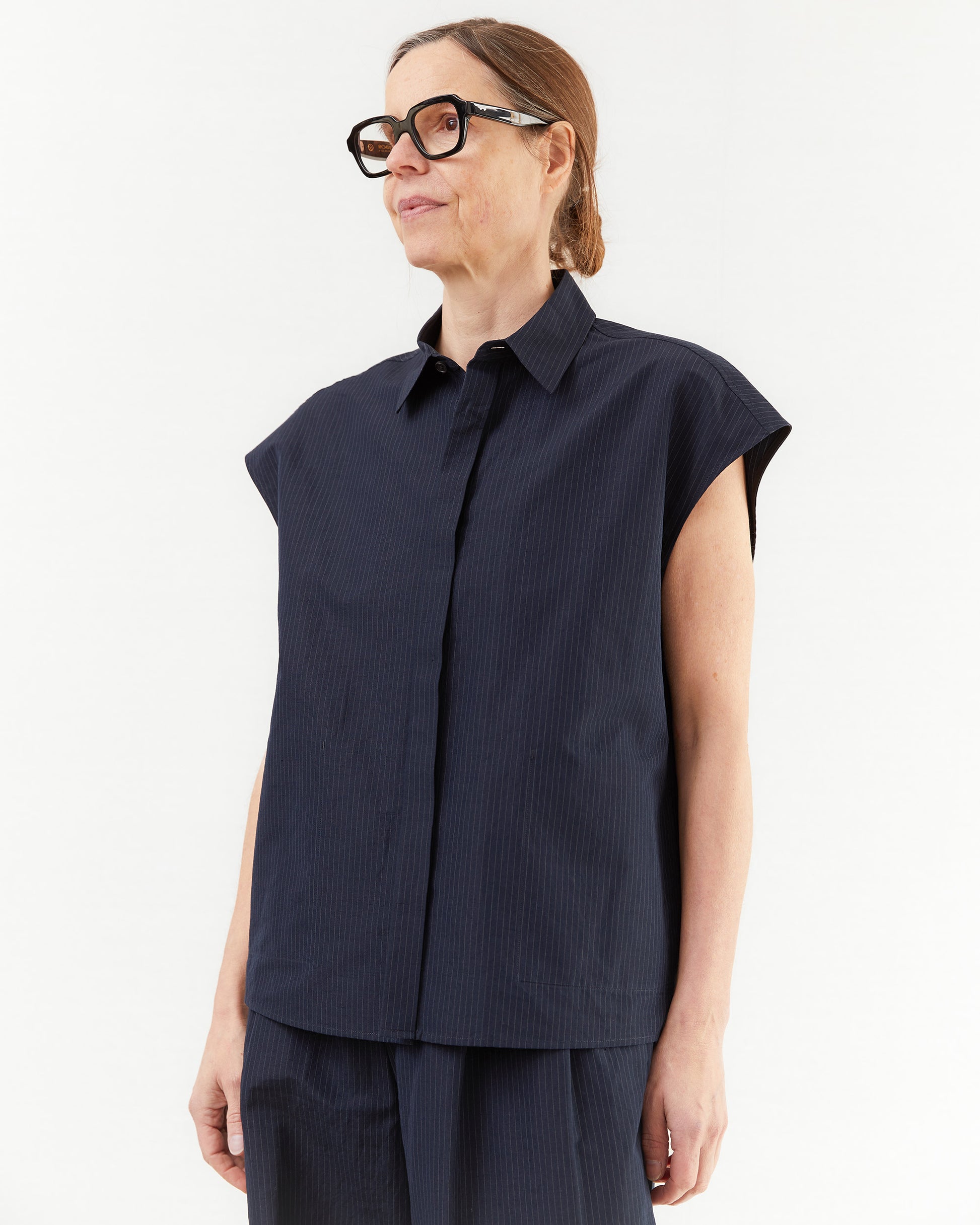 Aton Women's Silk Linen Shantaung Shirt Vest in Navy Pin Stripe