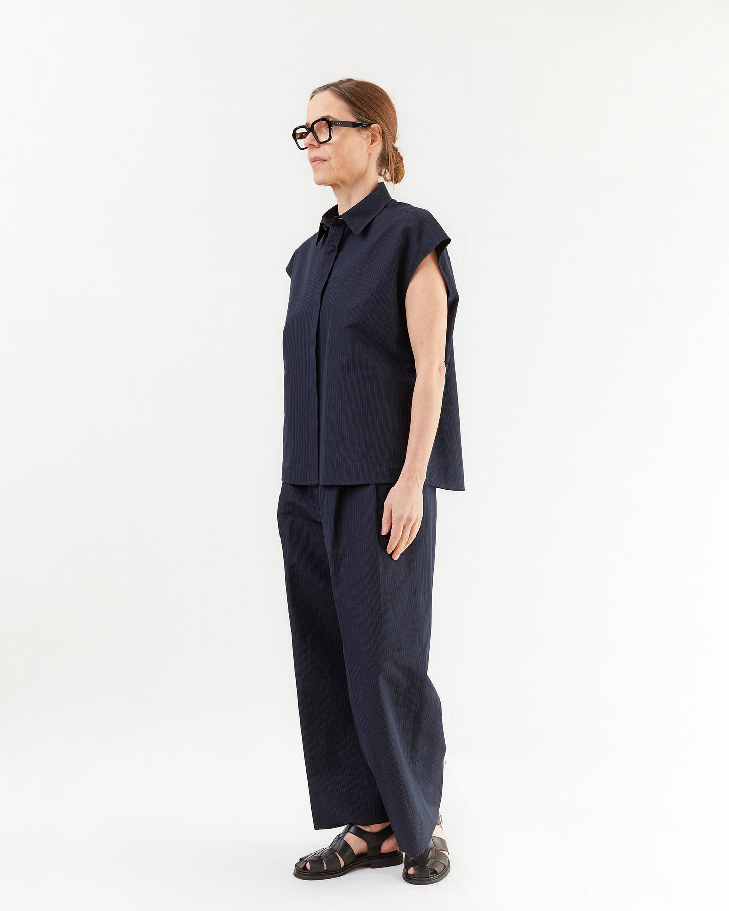 Aton Women's Silk Linen Shantaung Shirt Vest in Navy Pin Stripe