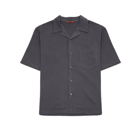Elo Serjey T-shirt in soft lead grey, heavy cotton jersey. Oversized, boxy-fit, short sleeved open collar shirt. Garment dyed.  100% Cotton.  Made in Italy.