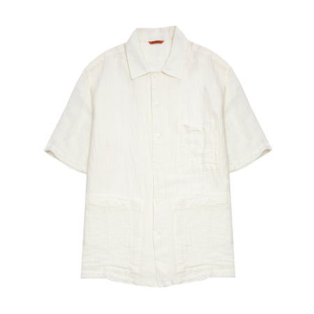 Donde short-sleeved loose weave shirt in lightweight cotton linen blend. Features one chest pocket and two front patch pockets, two side vents and a square hem.  50% Cotton, 50% Linen.   Made in Italy.