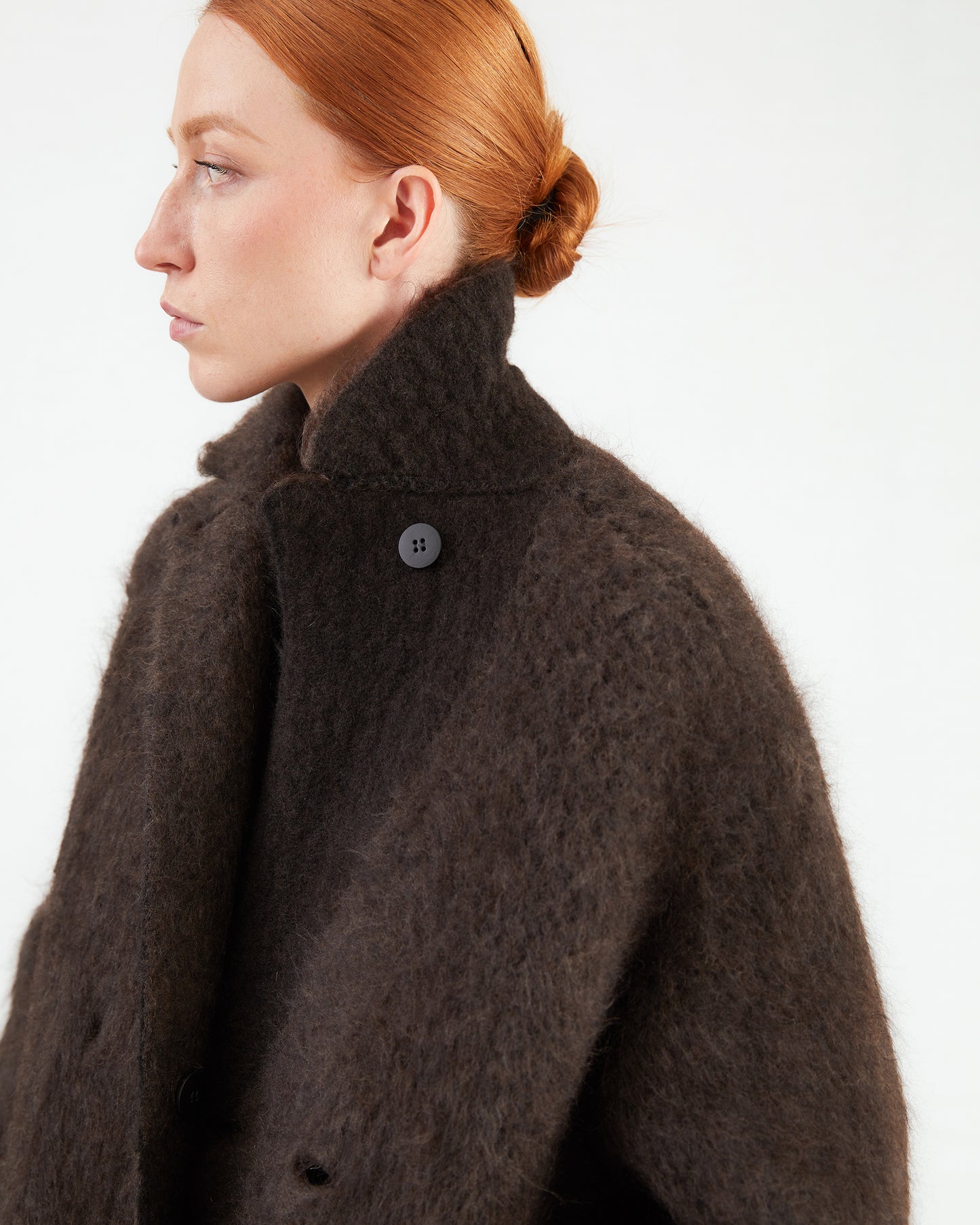 Boboutic Wool Double Breasted Fur Coat in Brown
