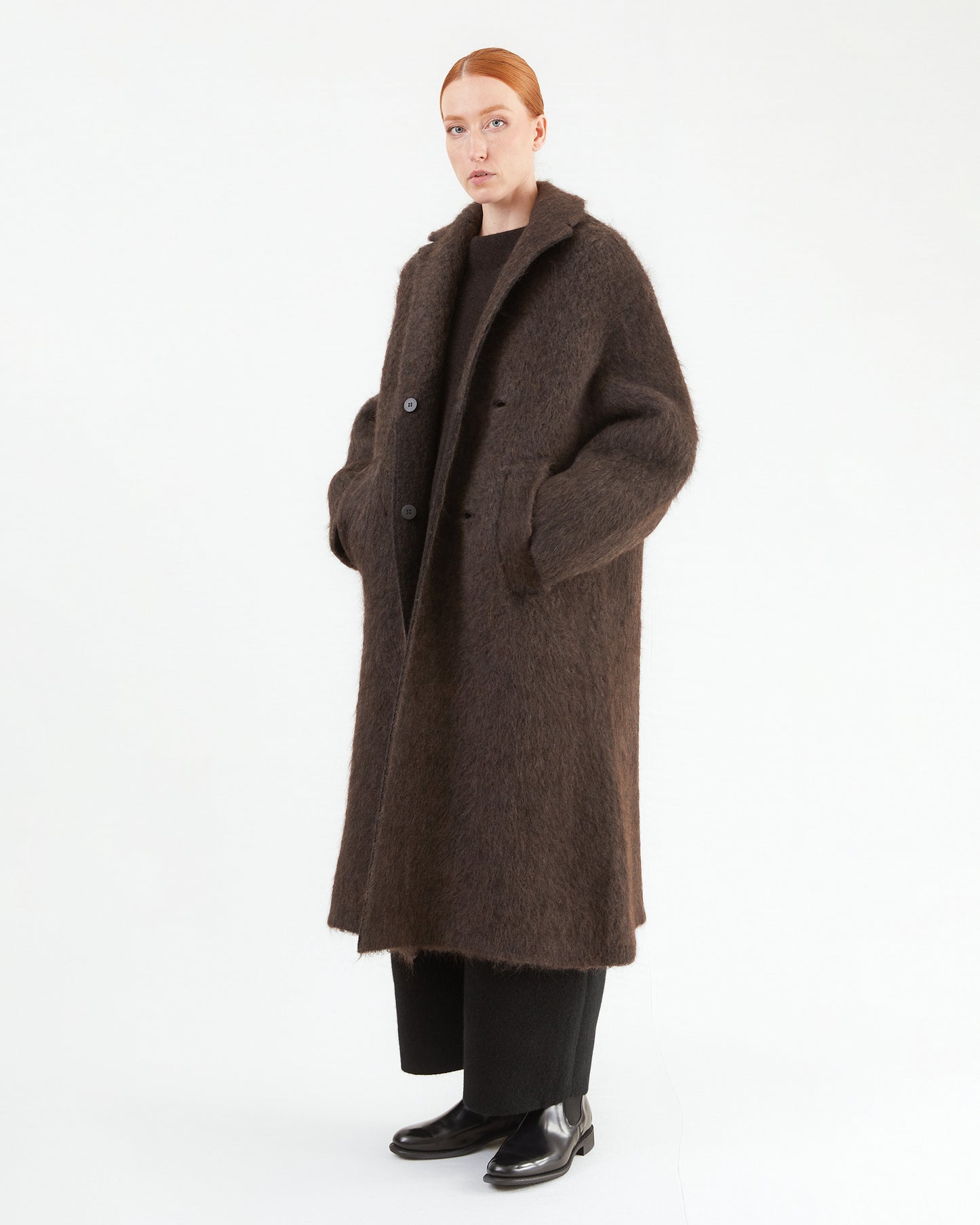 Boboutic Wool Double Breasted Fur Coat in Brown