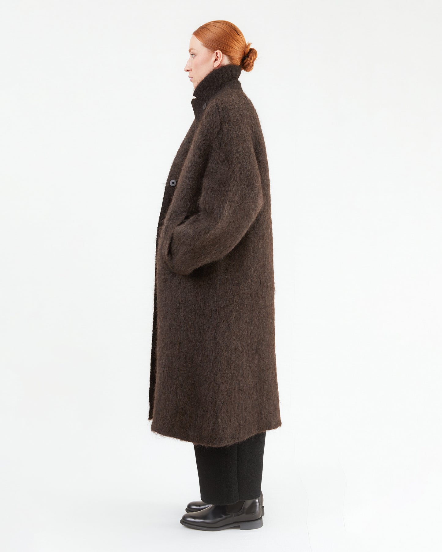 Boboutic Wool Double Breasted Fur Coat in Brown