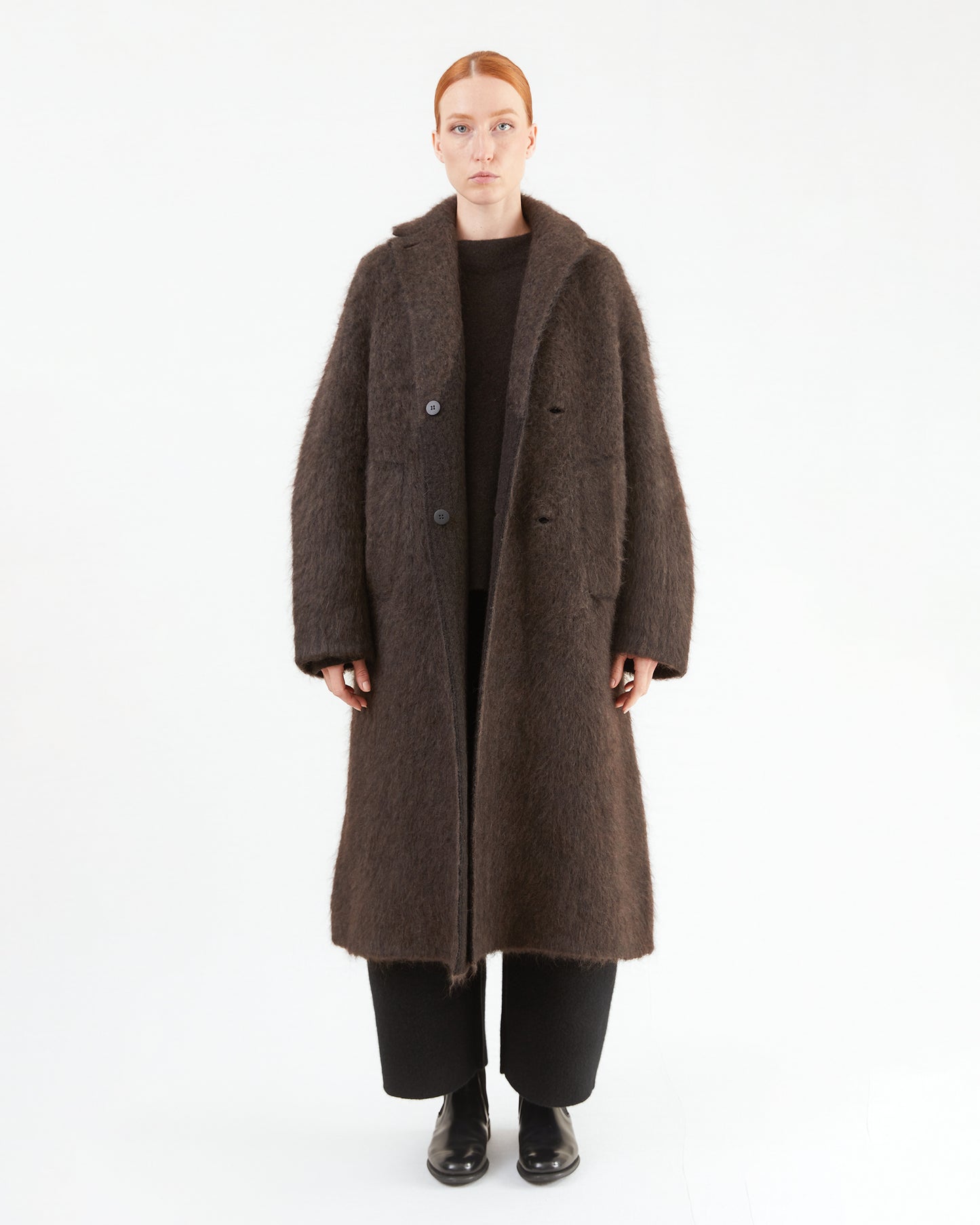 Boboutic Wool Double Breasted Fur Coat in Brown