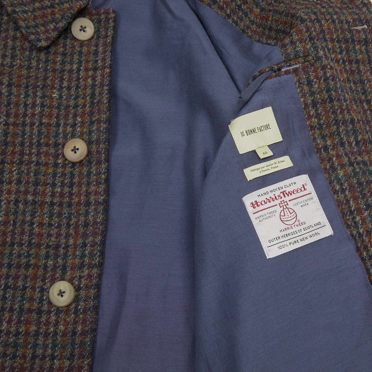 De Bonne Facture Harris Tweed Camargue Coat in Navy Houndstooth