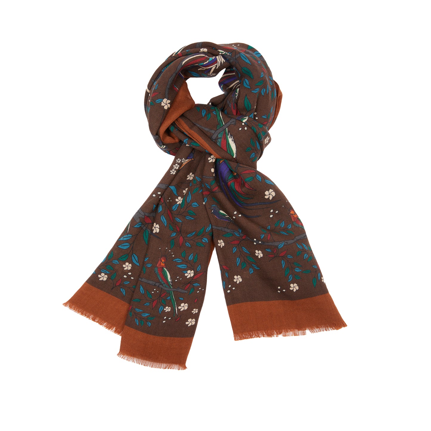 Drake's Birds of Paradise Print Wool Scarf in Brown