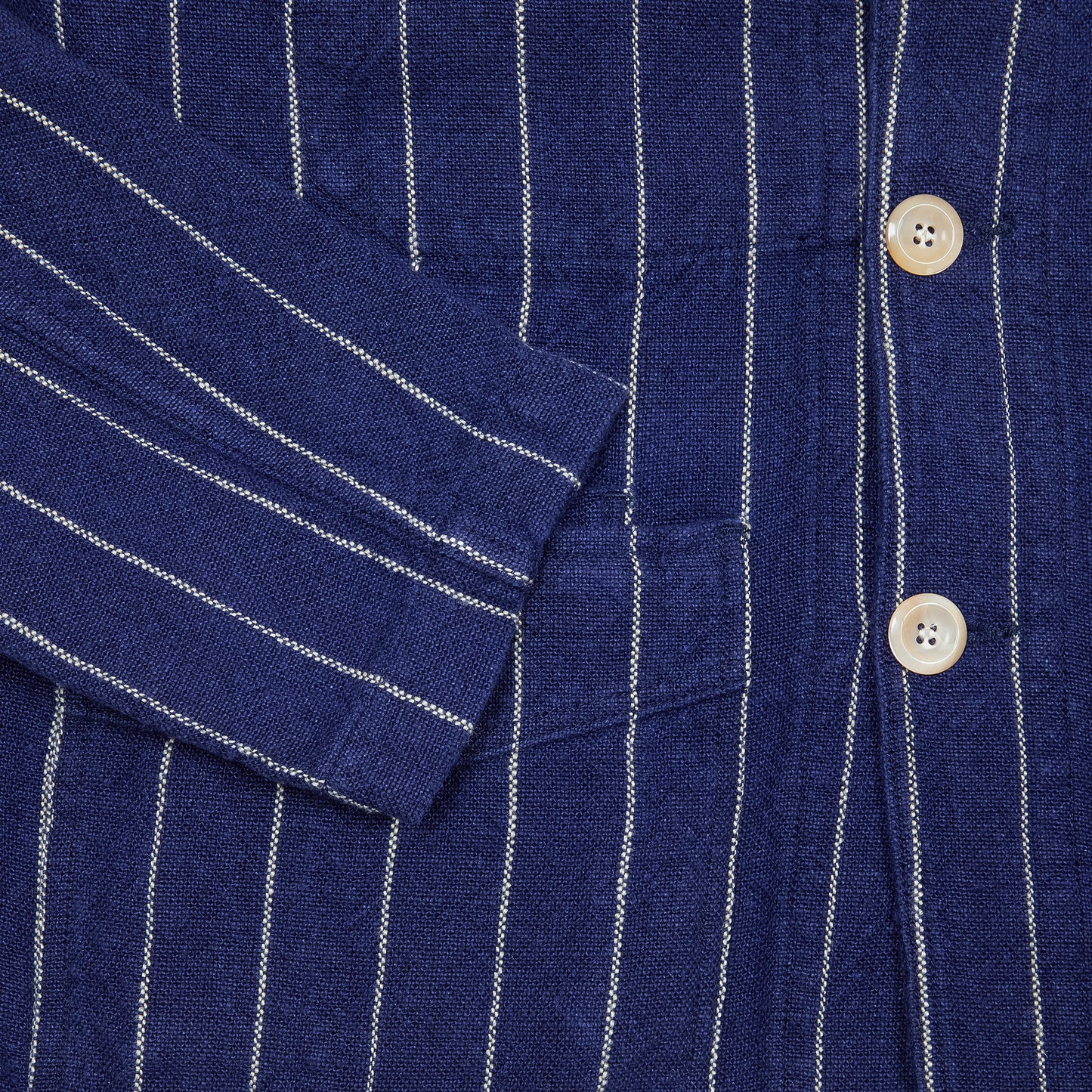 Drake's Pin Stripe Heavy Linen Chore Jacket in Navy/White