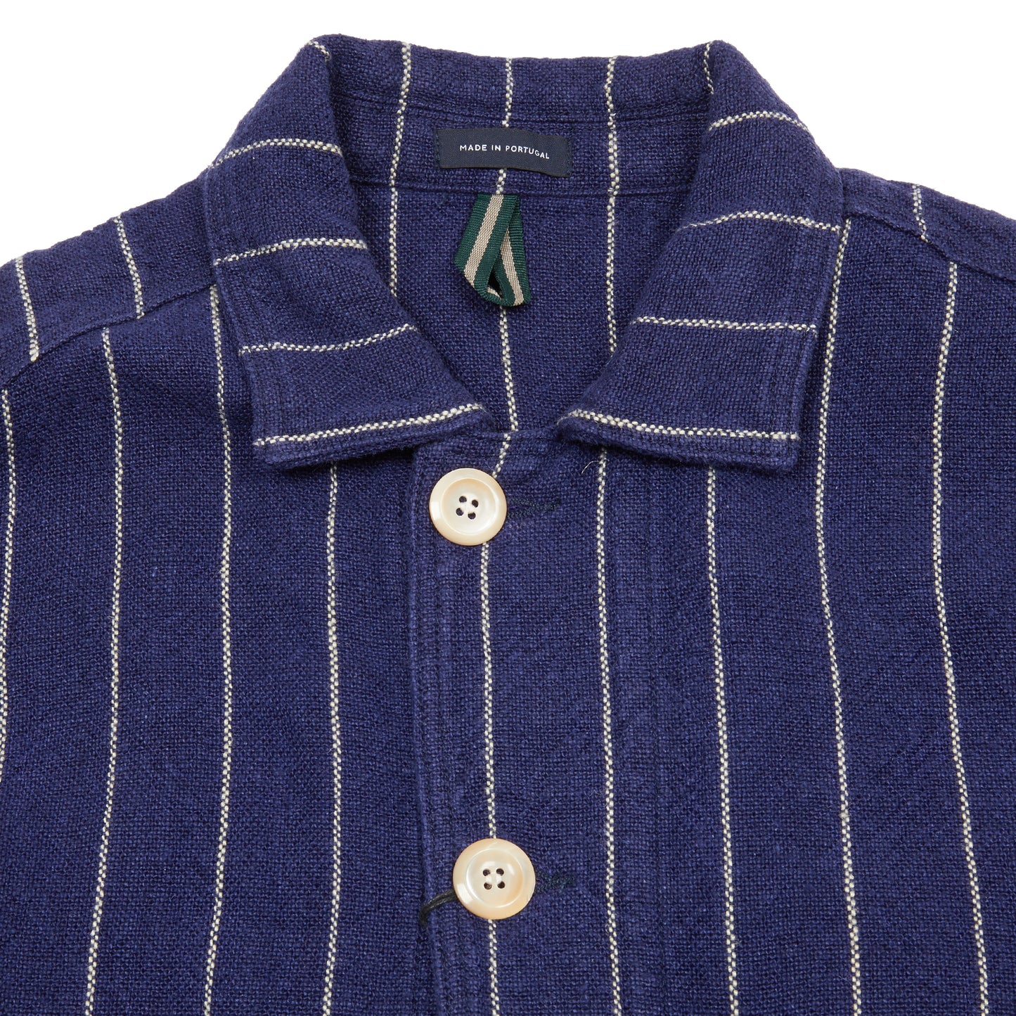 Drake's Pin Stripe Heavy Linen Chore Jacket in Navy/White