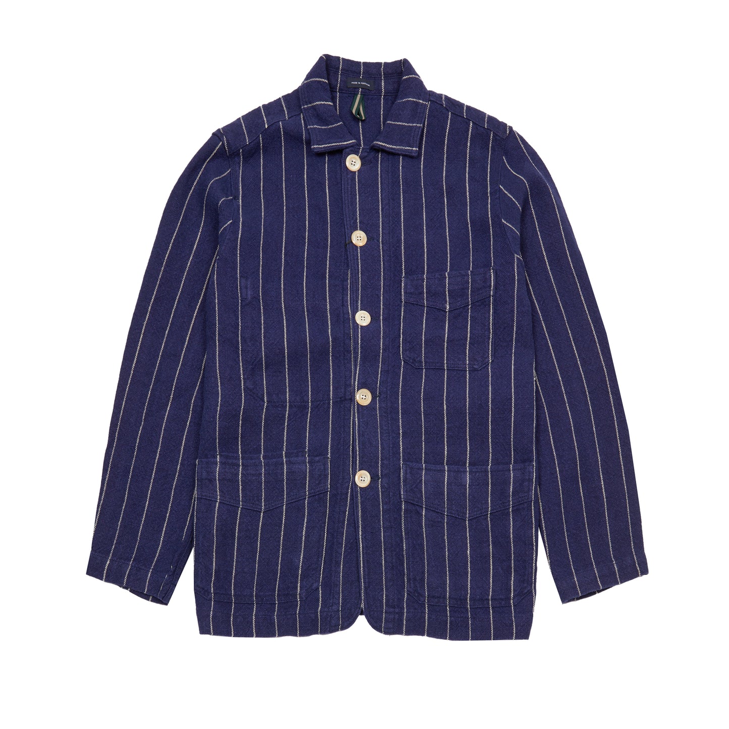Drake's Pin Stripe Heavy Linen Chore Jacket in Navy/White