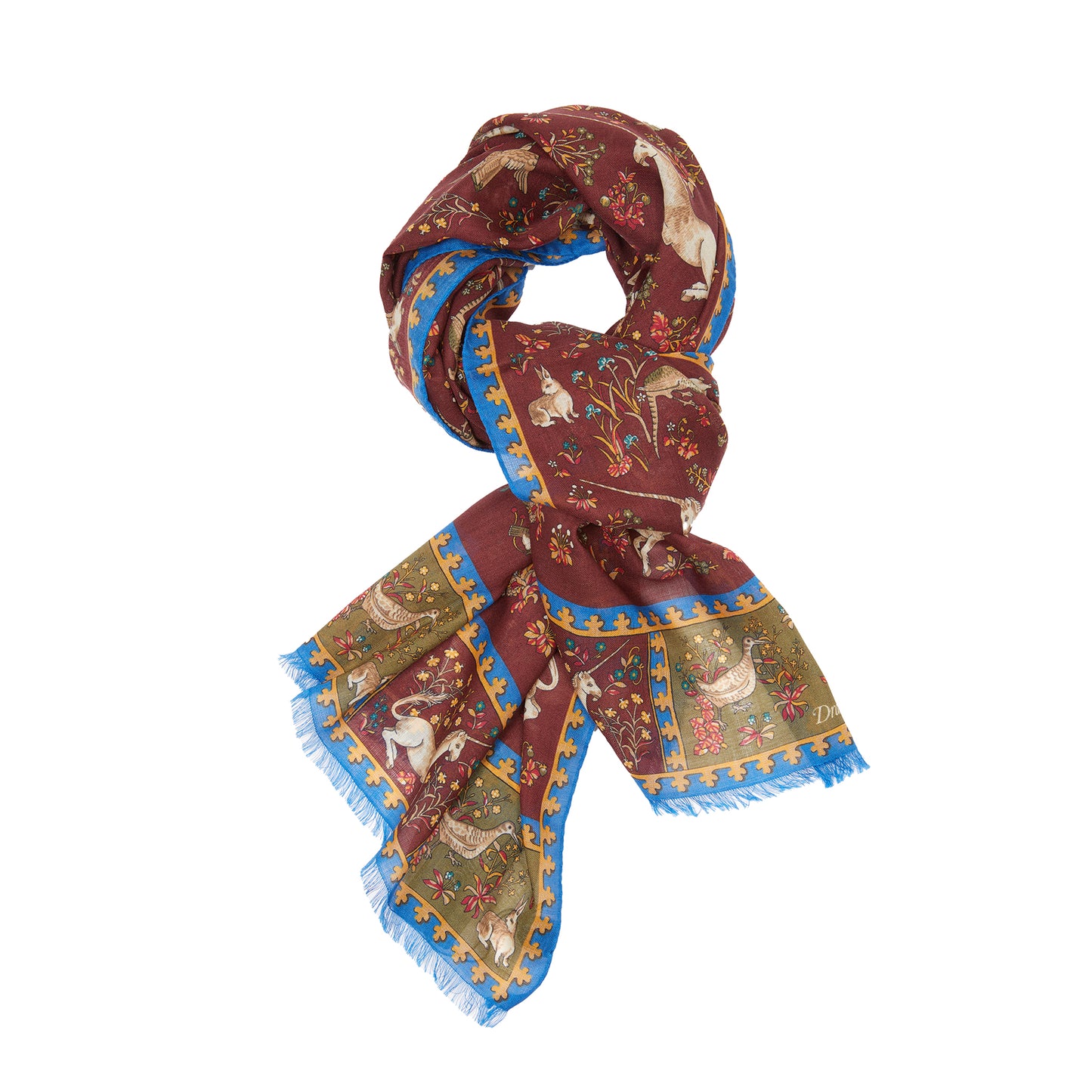 Drake's Unicorn Print Wool-Silk Scarf in Burgundy