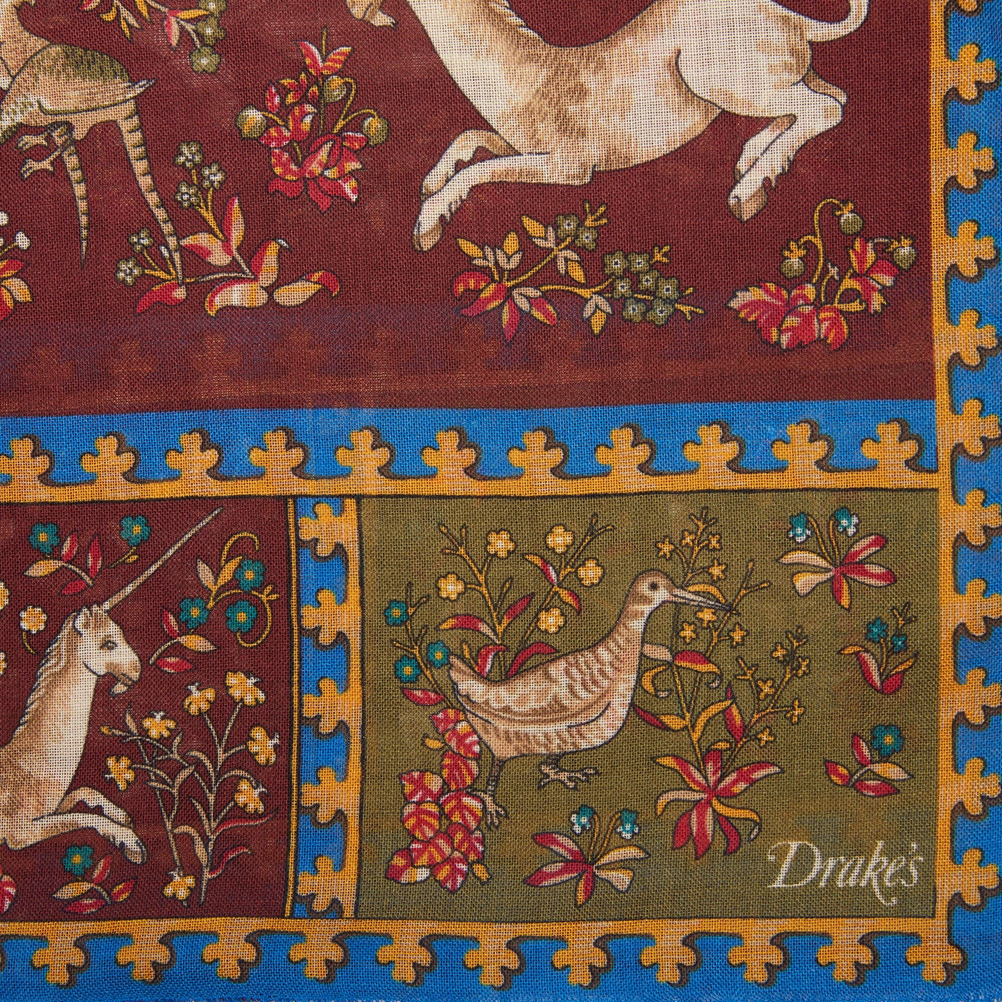 Drake's Unicorn Print Wool-Silk Scarf in Burgundy