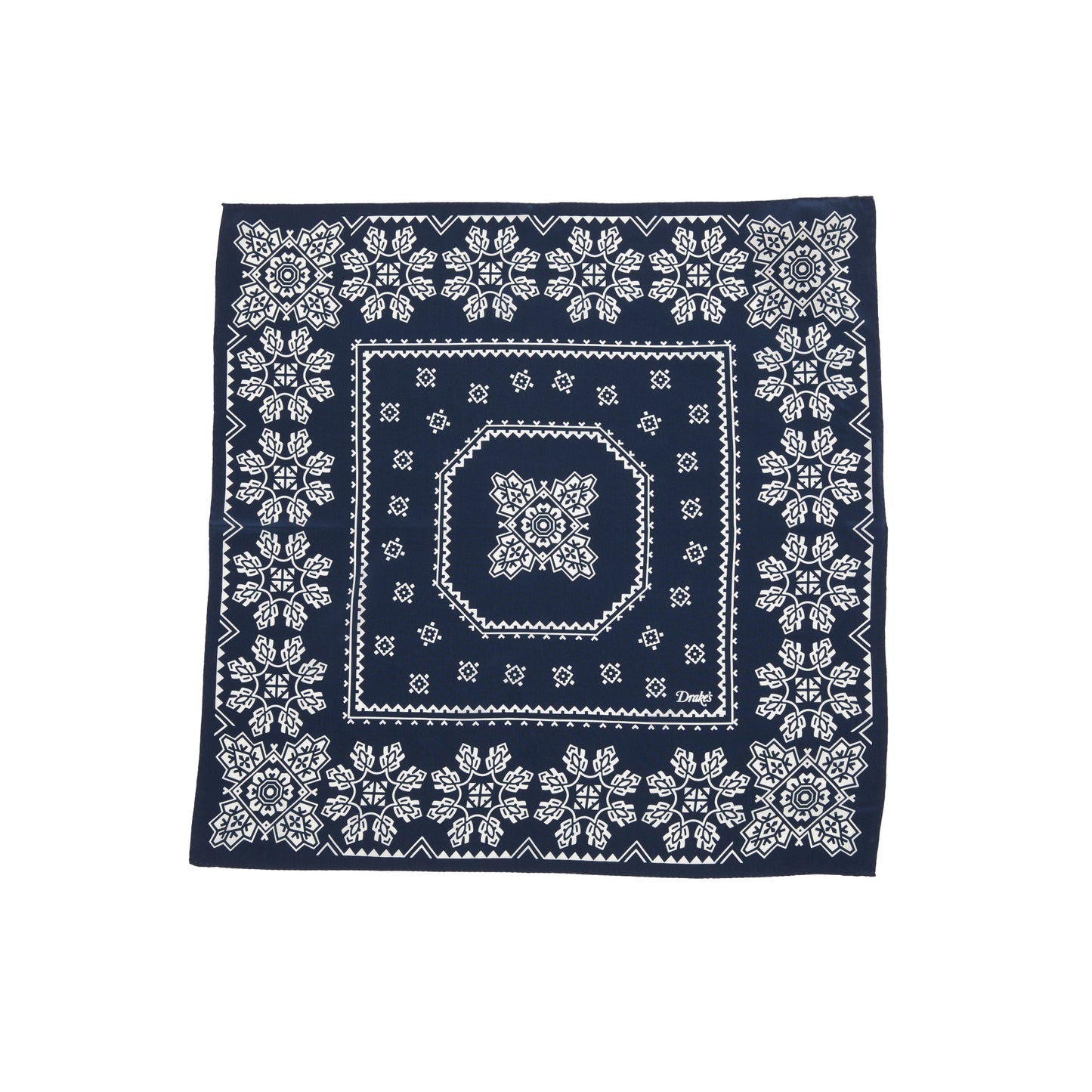 Drake's Traditional Silk Bandana in Navy/Ecru