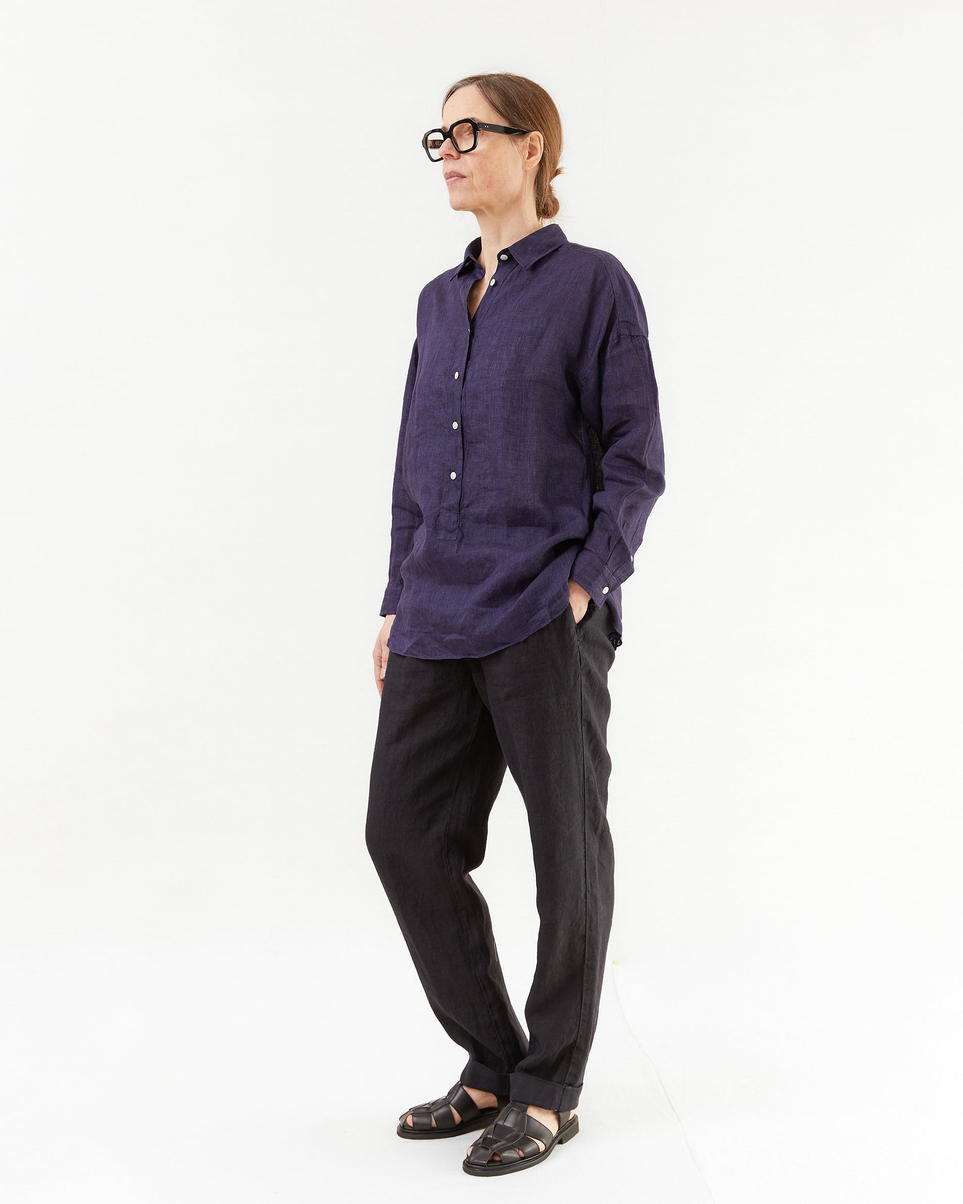 Finamore Women's Maraj Popover Linen Shirt in Purple Indigo