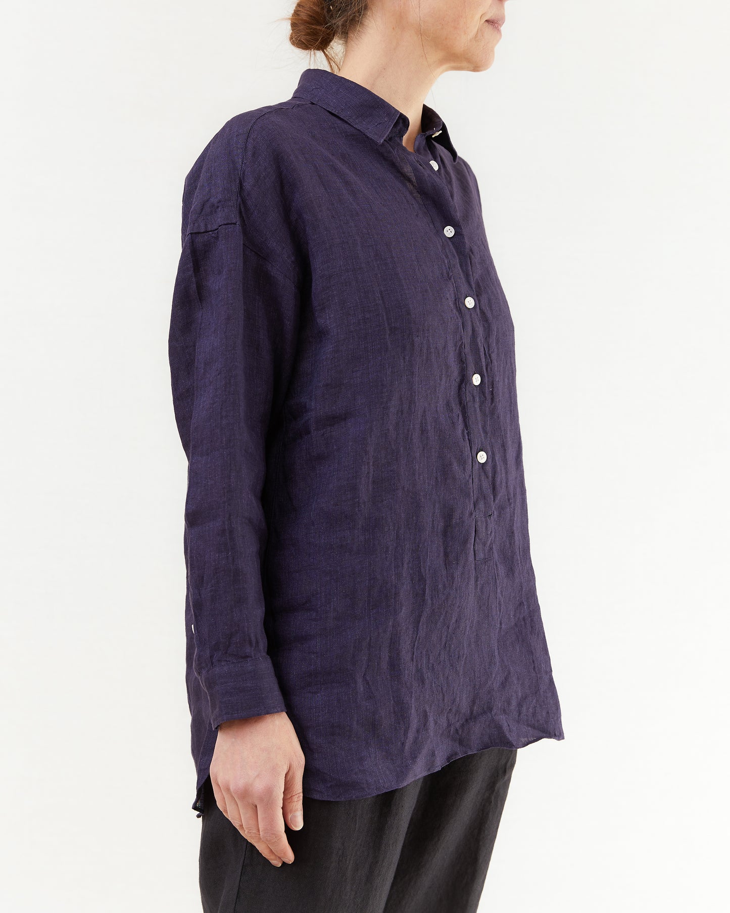 Finamore Women's Maraj Popover Linen Shirt in Purple Indigo