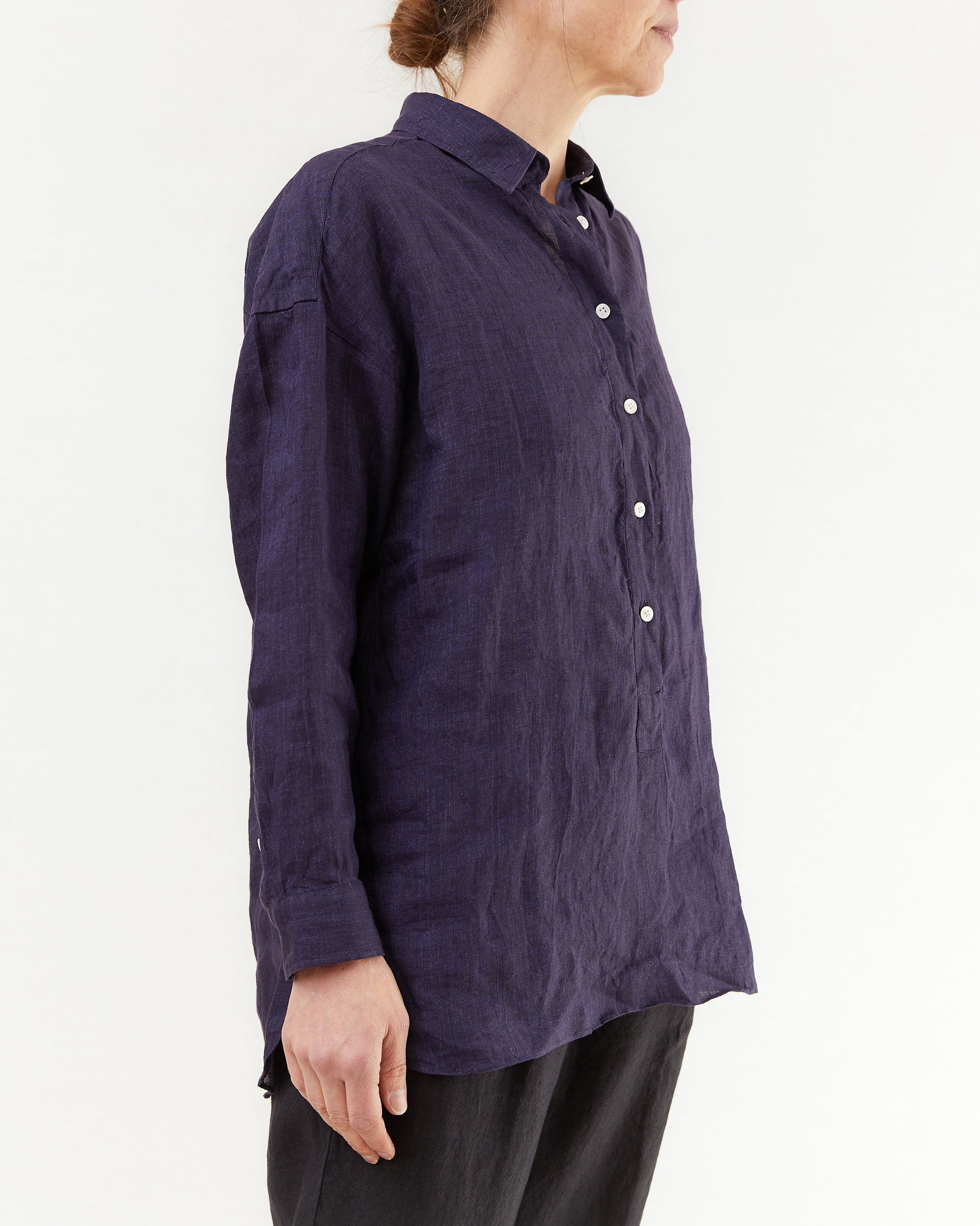 Finamore Women's Maraj Popover Linen Shirt in Purple Indigo