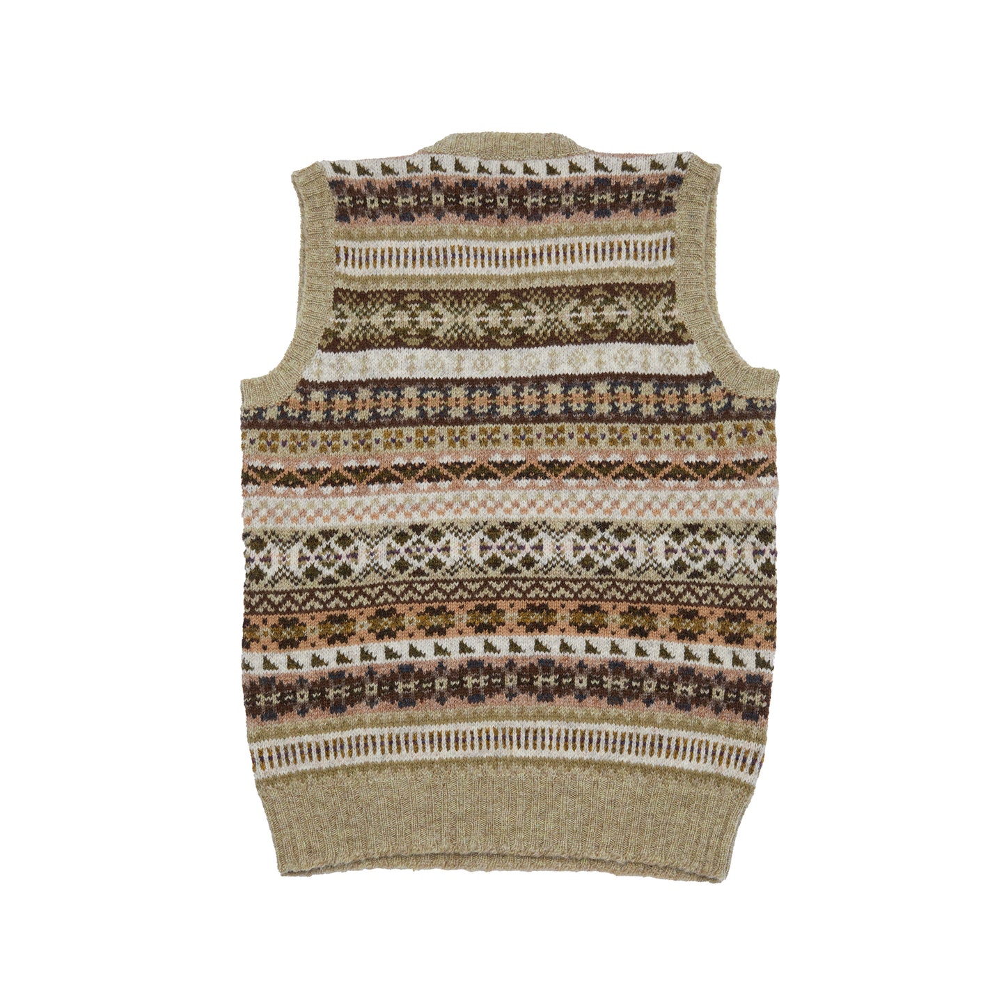 Fair Isle V-neck sleeveless pullover knitted from 100% Shetland wool. Knitted in Shetland.