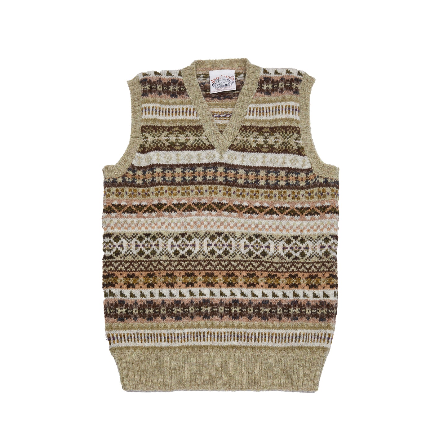 Fair Isle V-neck sleeveless pullover knitted from 100% Shetland wool. Knitted in Shetland.