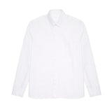 A classic white shirt with a regular cut and full-button closure. Featuring cross over detail at the collar, narrow, gathered cuffs, and a curved hem.  100% Cotton.