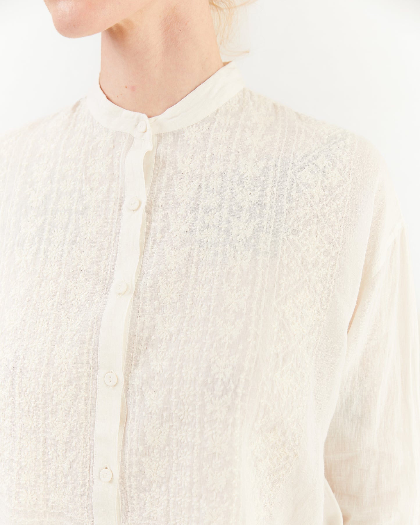 Maison De Soil Banded Collar Embroidered Shirt in White