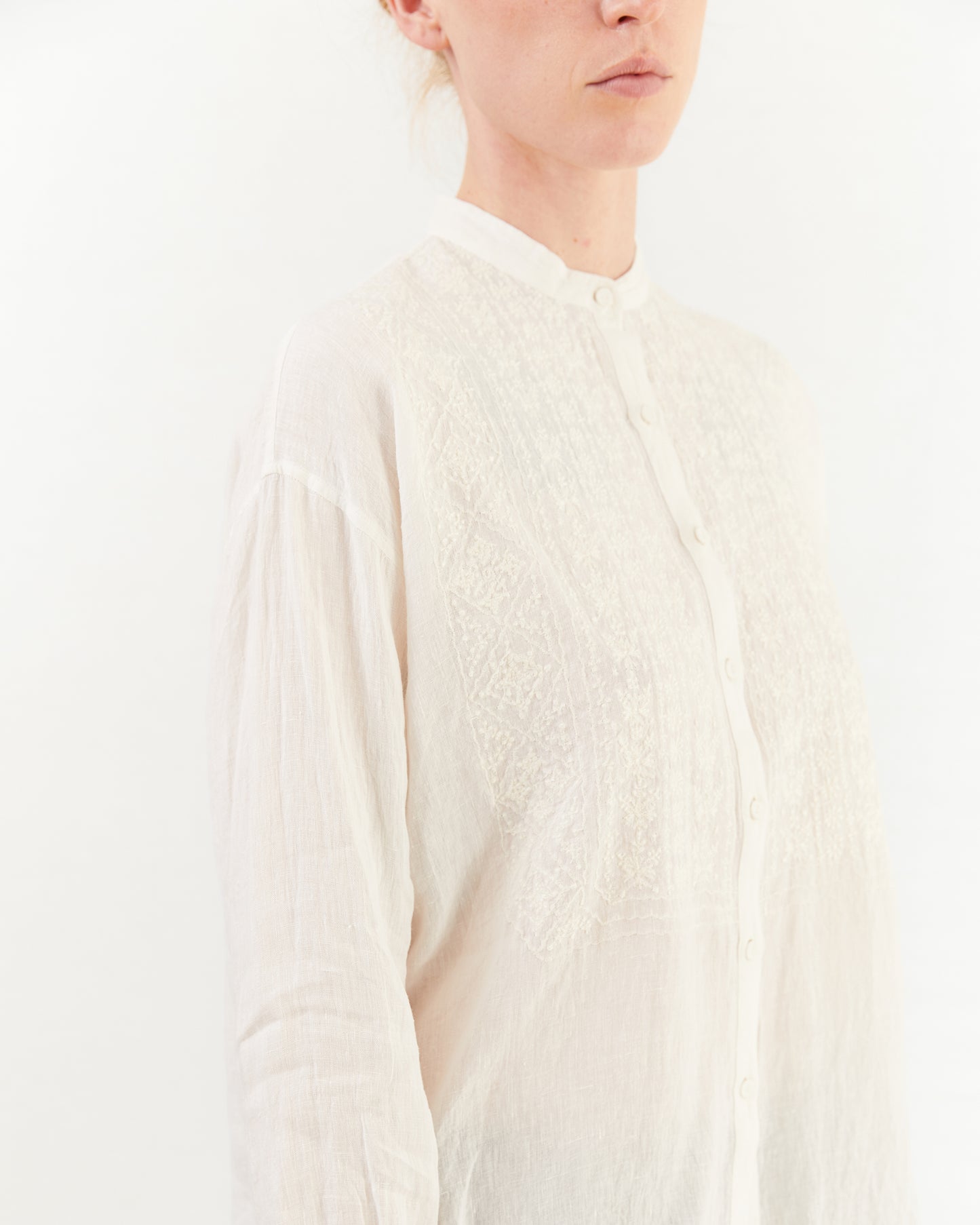 Maison De Soil Banded Collar Embroidered Shirt in White
