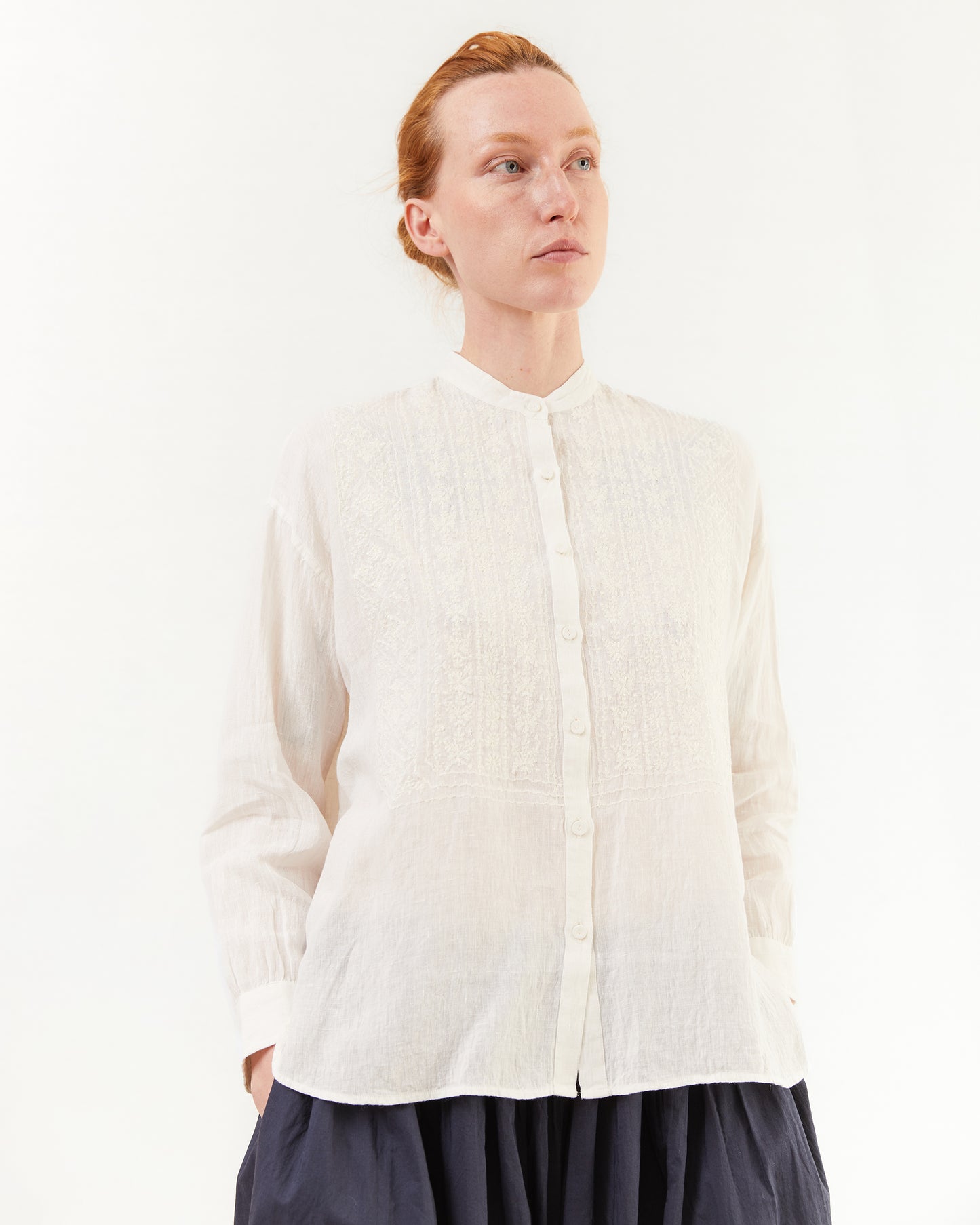 Maison De Soil Banded Collar Embroidered Shirt in White