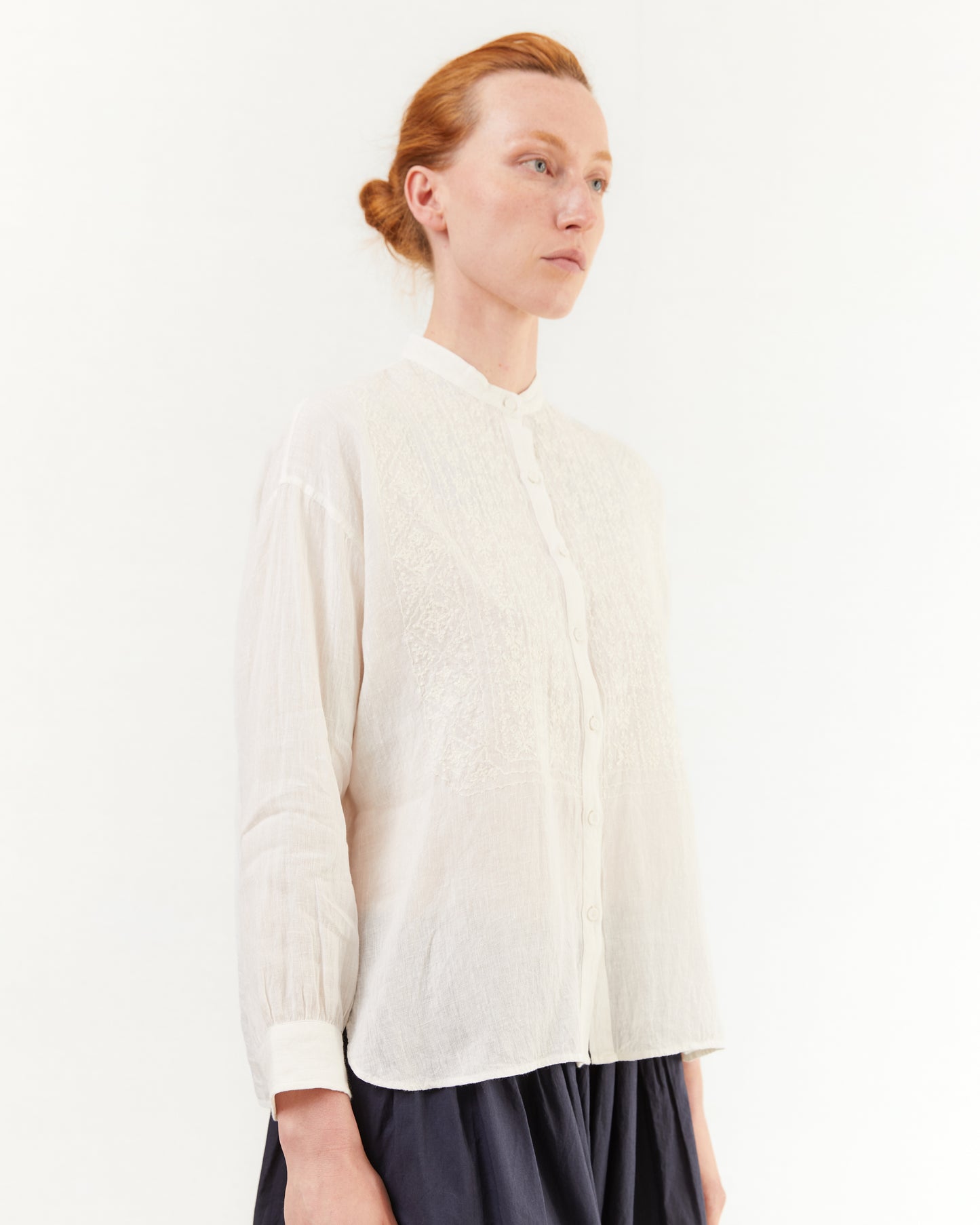 Maison De Soil Banded Collar Embroidered Shirt in White