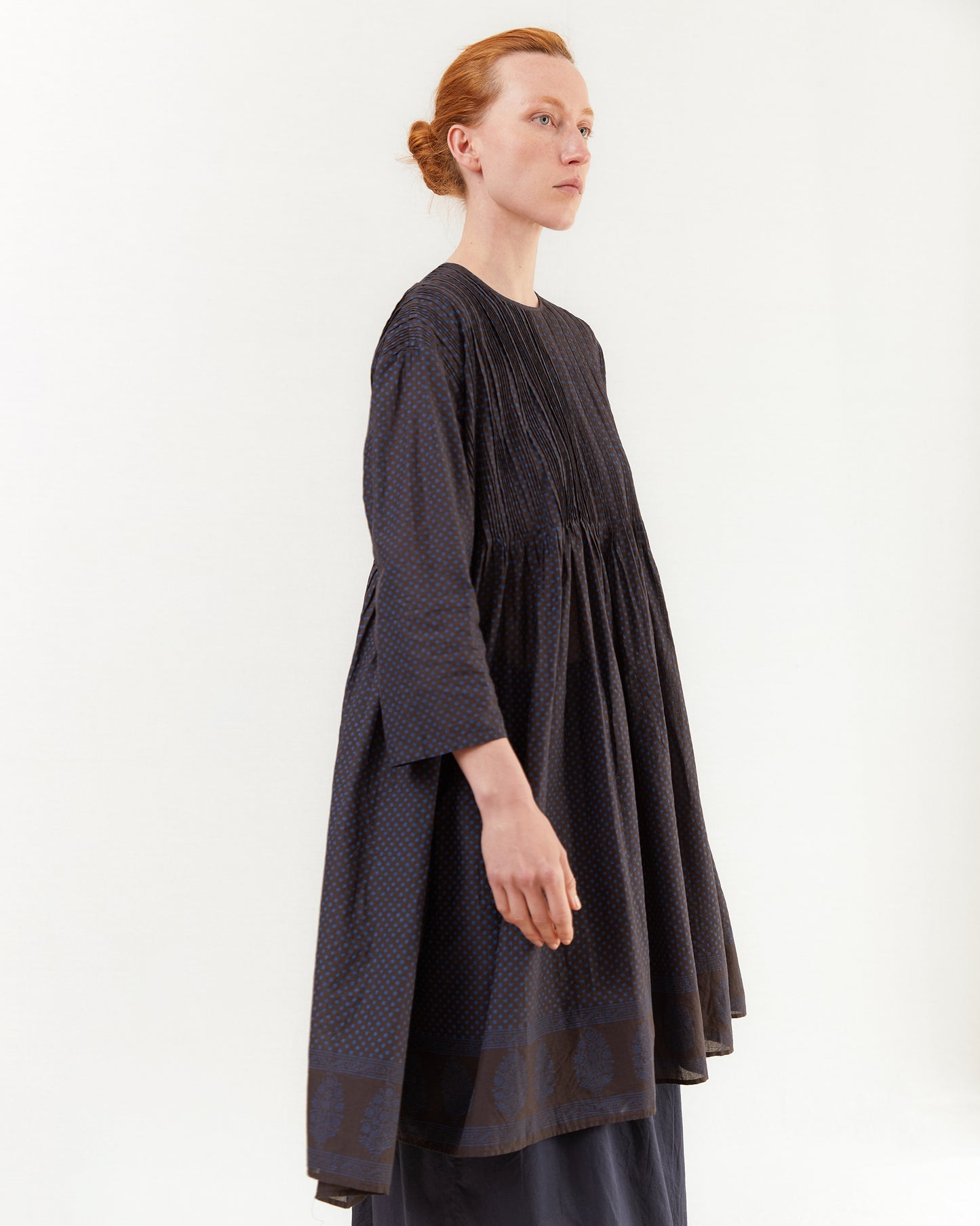 Maison De Soil Crew Neck Dress With Random Pleats in Off Black/ Bright Navy Print