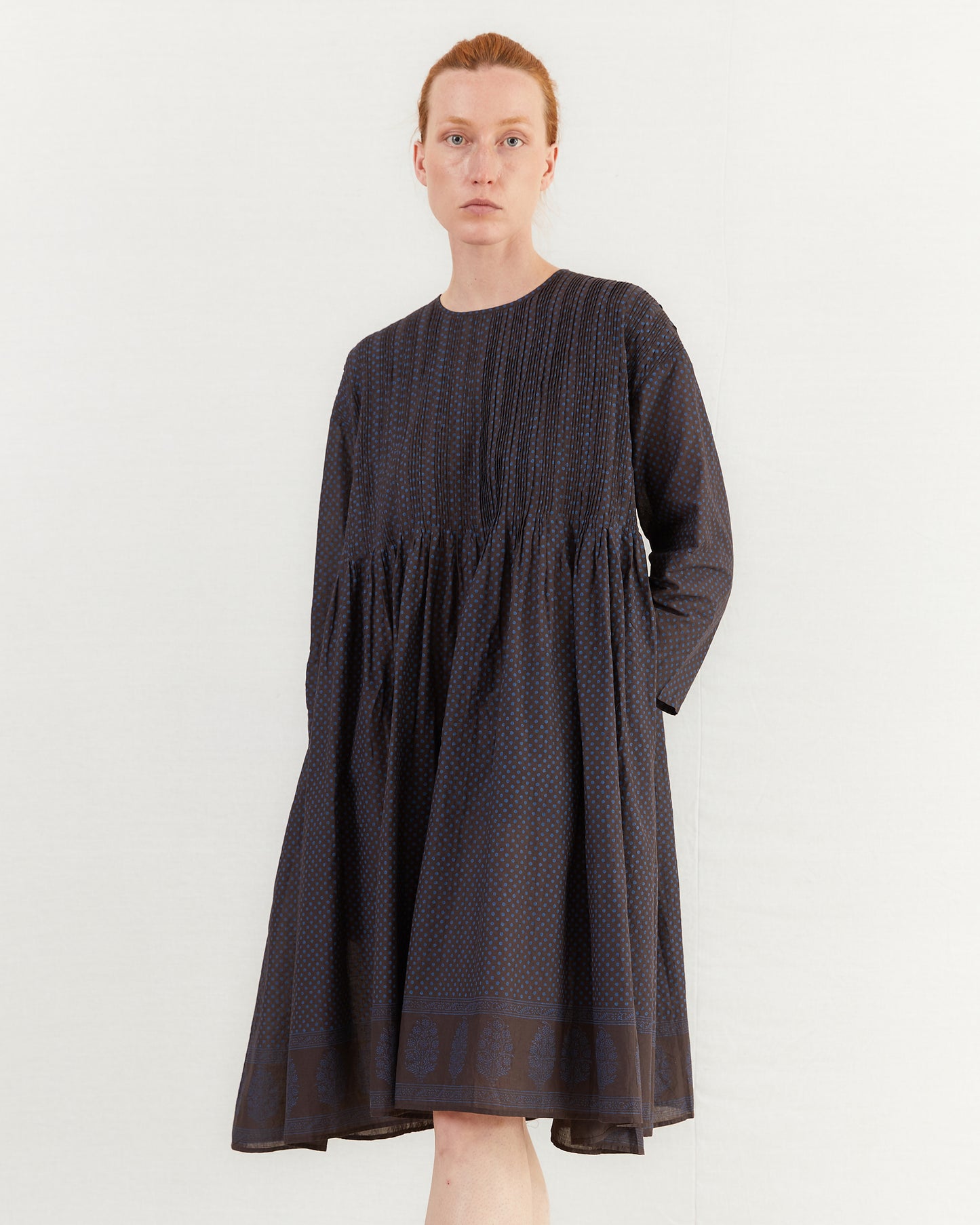 Maison De Soil Crew Neck Dress With Random Pleats in Off Black/ Bright Navy Print