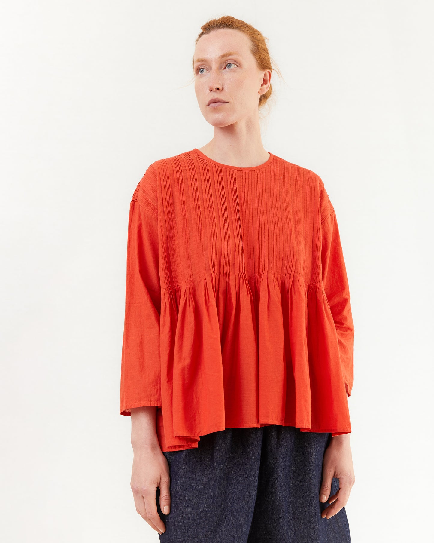 Maison De Soil Crew Neck Shirt With Random Pleats in Orange