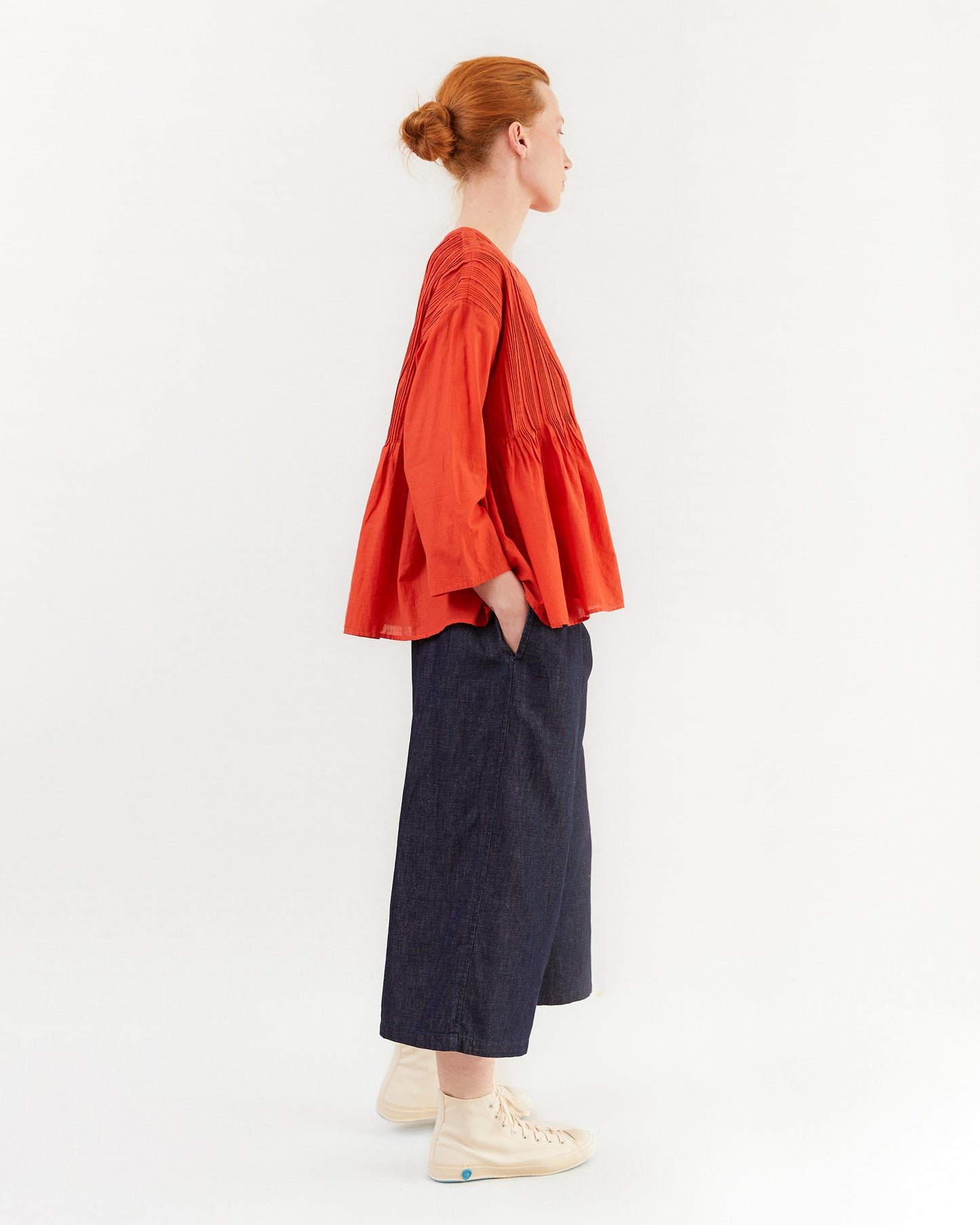 Maison De Soil Crew Neck Shirt With Random Pleats in Orange