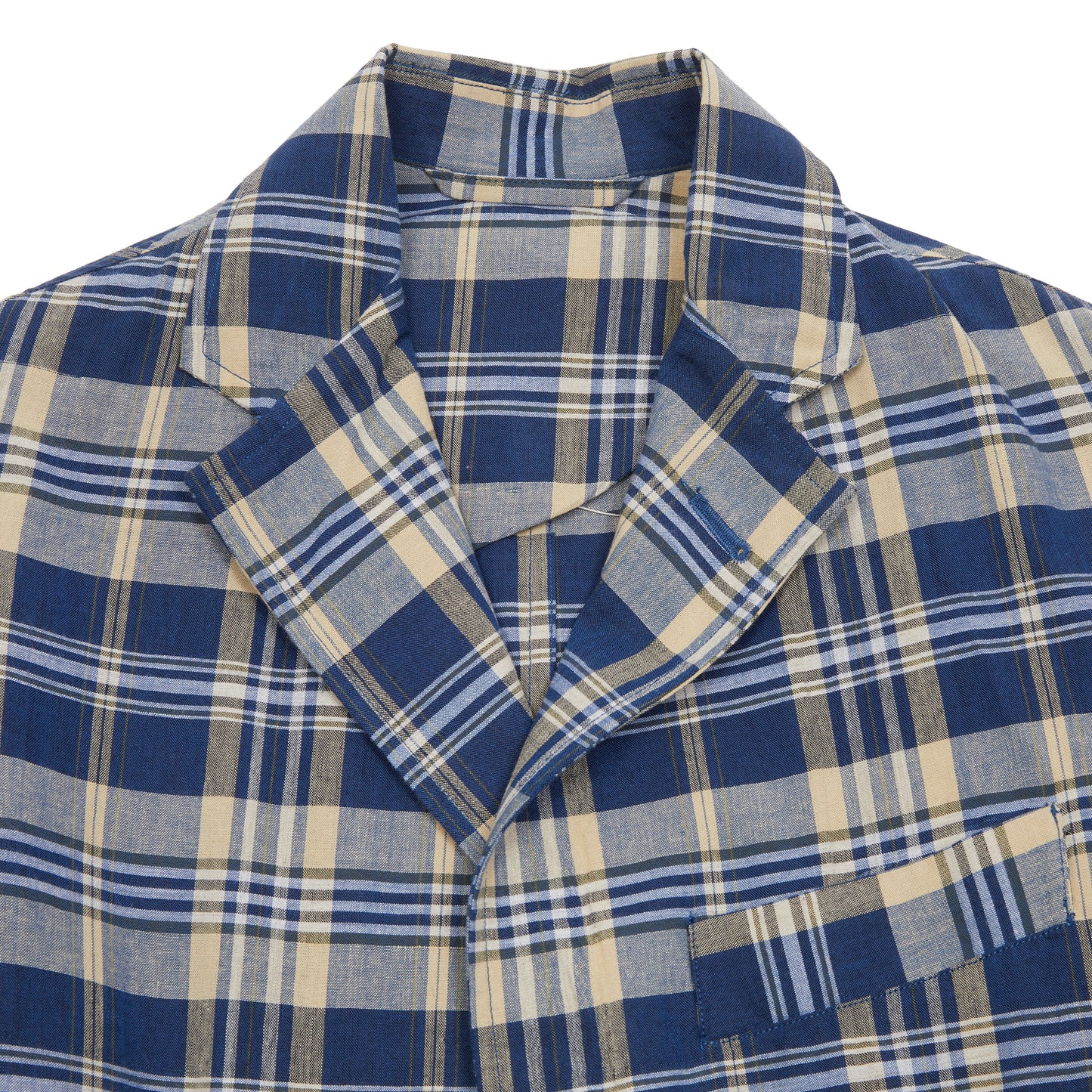 <p>Original Madras Summer Jacket in Blue / Sand Check. Handwoven Madras unstructured, easy jacket with two buttons, single chest pocket, two welted hip pockets with flaps and single back vent. <br></p> <p>100% Cotton.</p> <p>Made in Madras. </p>