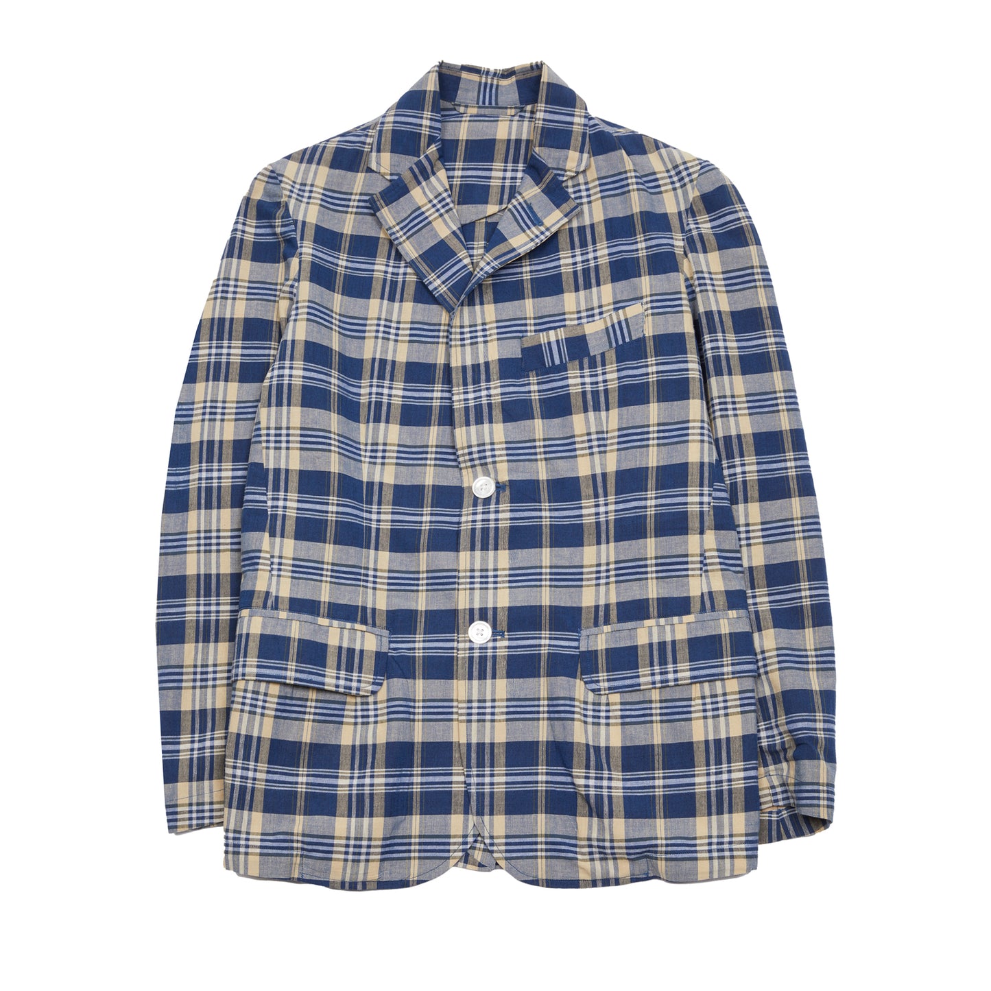 <p>Original Madras Summer Jacket in Blue / Sand Check. Handwoven Madras unstructured, easy jacket with two buttons, single chest pocket, two welted hip pockets with flaps and single back vent. <br></p> <p>100% Cotton.</p> <p>Made in Madras. </p>