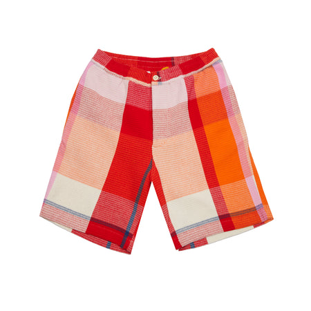 <p>Original Madras Lax Drawstring Shorts. Regular fit longline short in soft handloom cotton check with waffle texture. Button waistband with inner drawstring and zip fly, two front hip pockets, and two back welt pockets. <br></p> <p>100% Cotton.</p> <p>Made in Madras. </p>