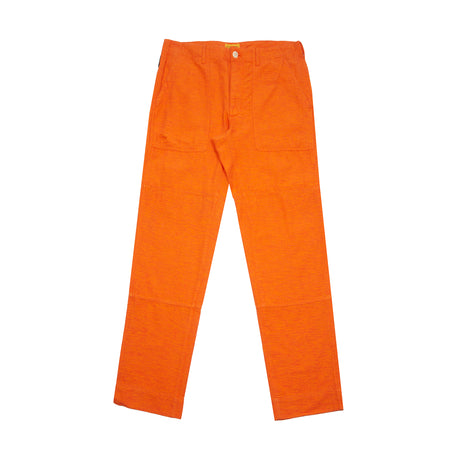 <p>Madras handwoven fatigue trousers in orange. Orange warp and red and yellow wefts make this beautiful vibrant orange fabric with a 'slub' texture. <br></p> <p>100% Cotton.</p> <p>Made in Madras.</p>
