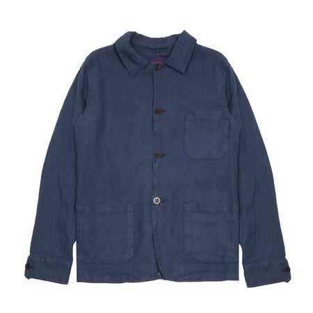 <p>Labura workwear jacket in a lightweight navy linen. This style features 3 patch pockets, shirt collar, and dark brown buttons.</p> <p>100% Linen.</p> <p>Sizing: Small. If you prefer a more generous jacket you should size up.<br><br>Made in Portugal.</p>