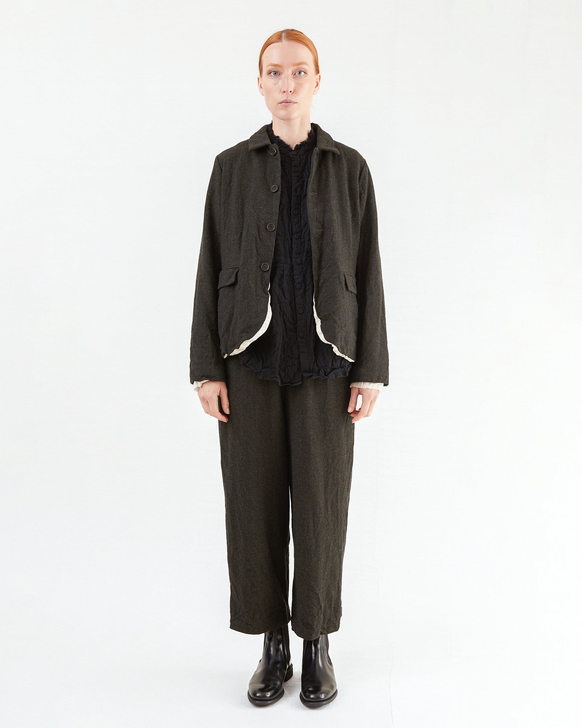 Pas de Calais Eco Wool Herringbone Wide Pants in Khaki