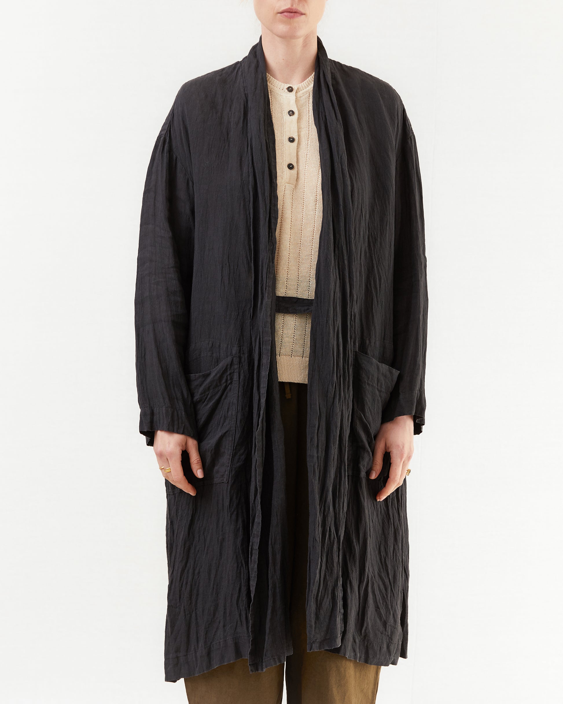 Pas de Calais French Linen Robe Coat in Black