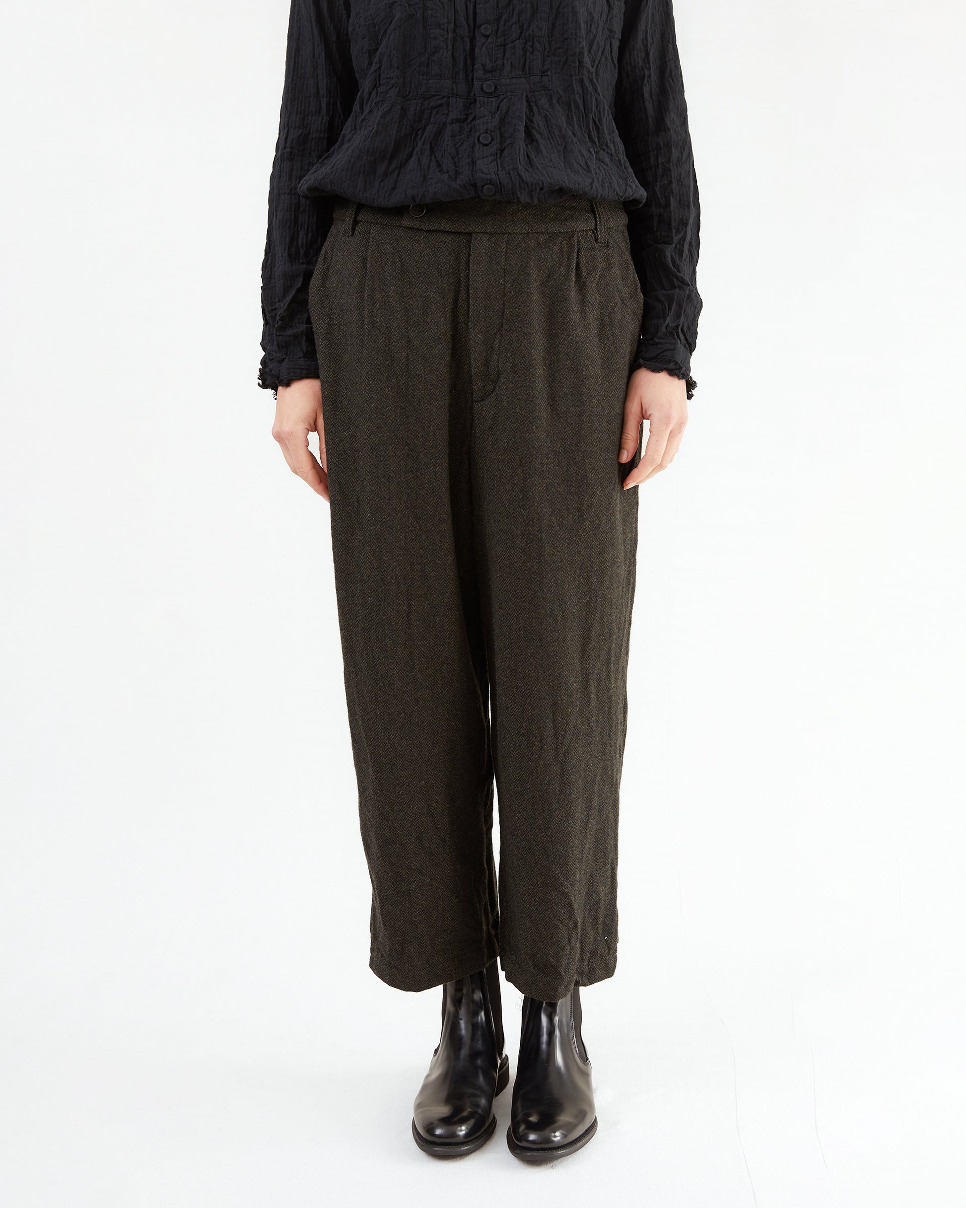 Pas de Calais Eco Wool Herringbone Wide Pants in Khaki