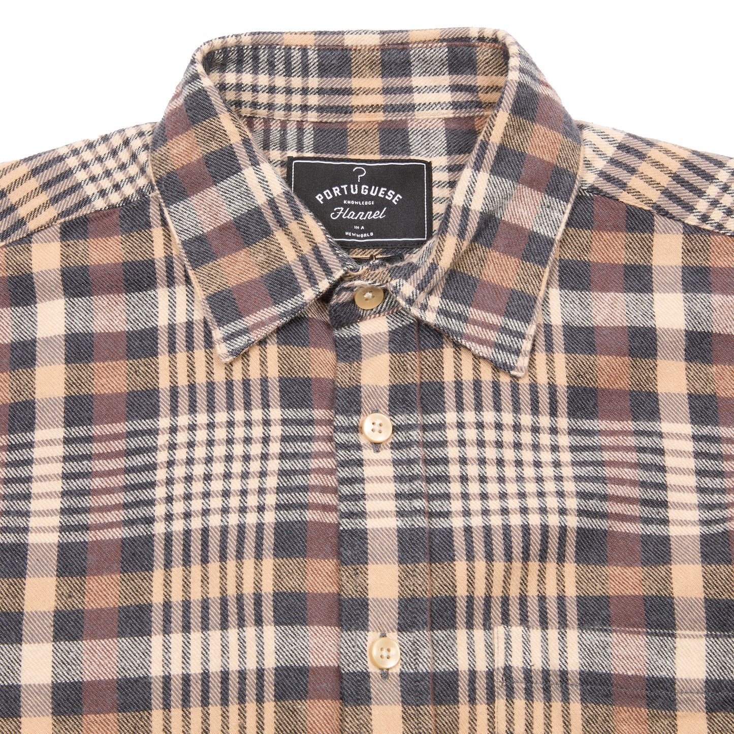 Portuguese Flannel Manta Flannel Shirt in Camel x Natural x Blue Check