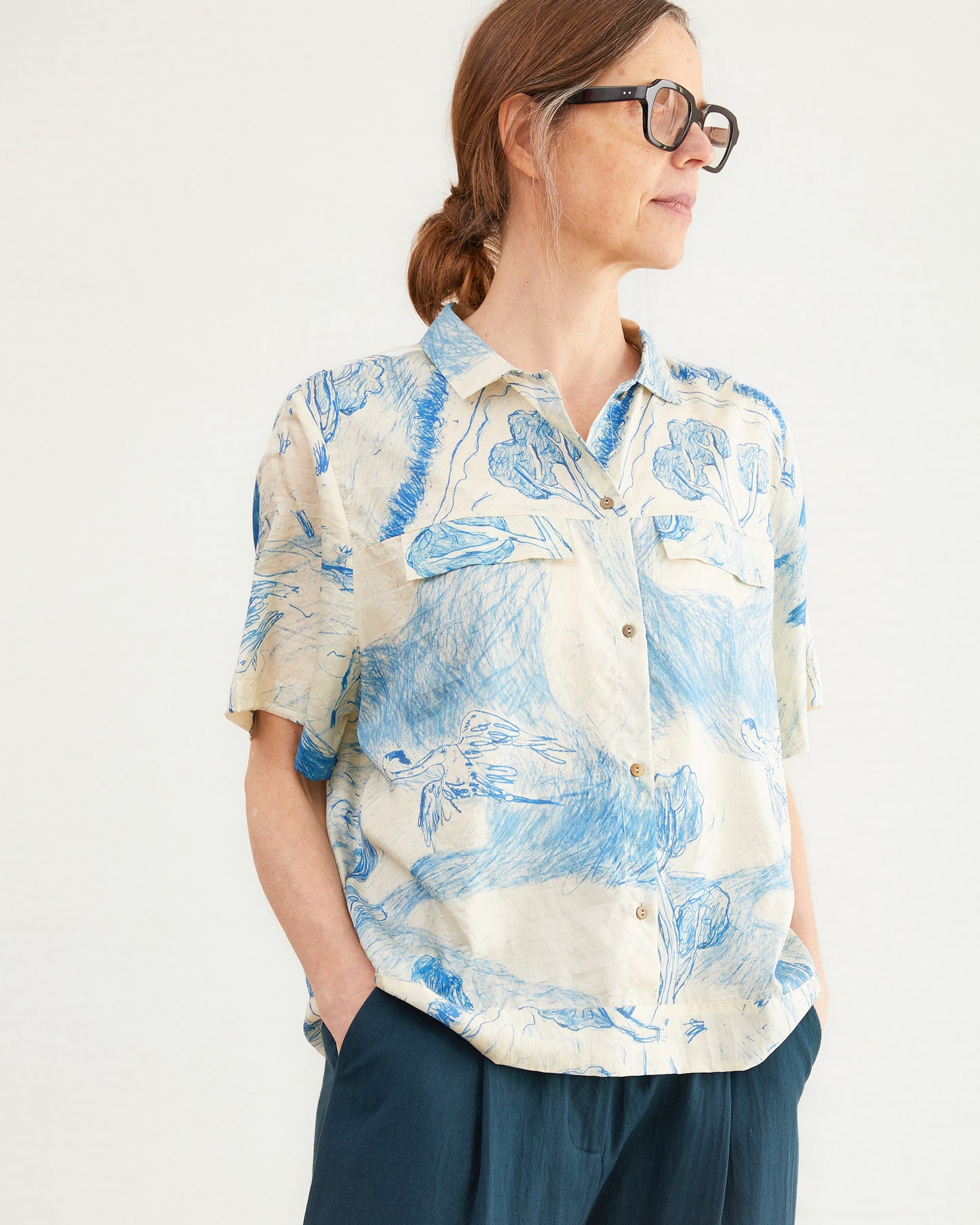 Runaway Bicycle Alfie Blue Printed Silk Shirt