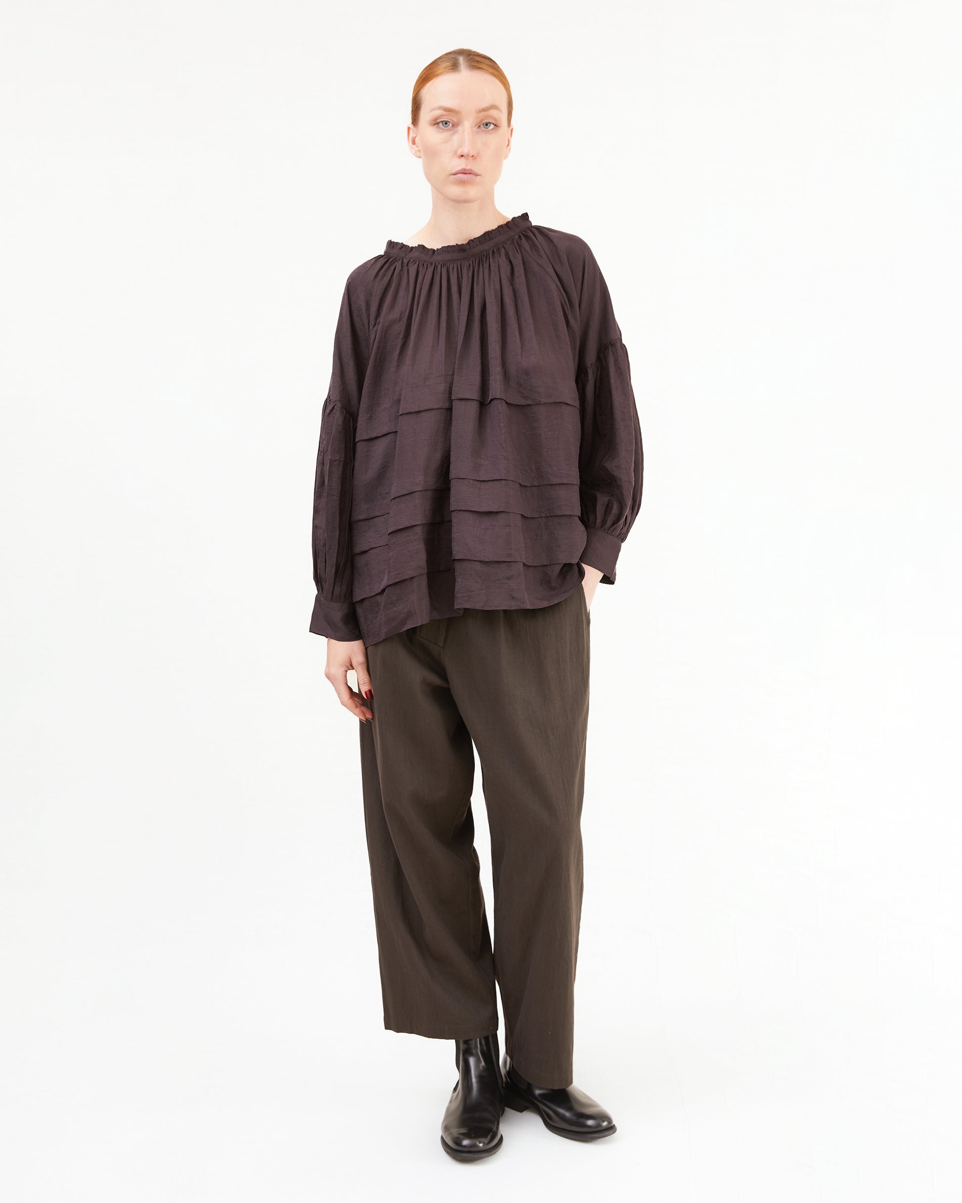 Runaway Bicycle Astrid Pleated Silk Blouse in Midnight Wine