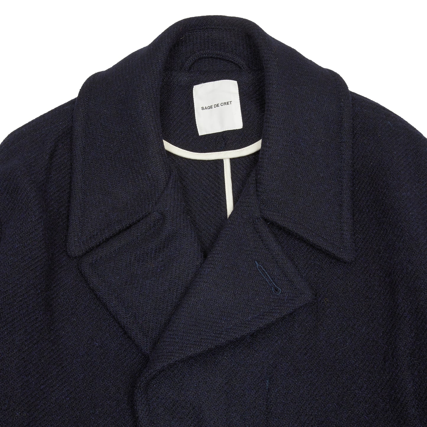 Sage de Cret Harris Tweed Ulster Collar Long Coat in Navy