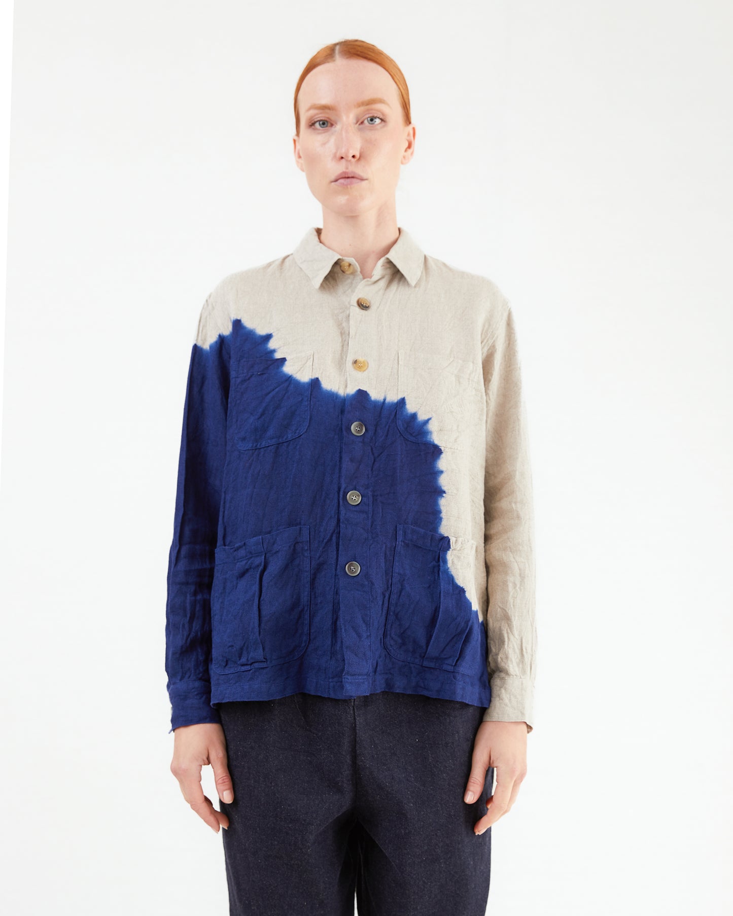 Suzusan Boushi Somewake Shibori Overshirt in Navy/ Grege