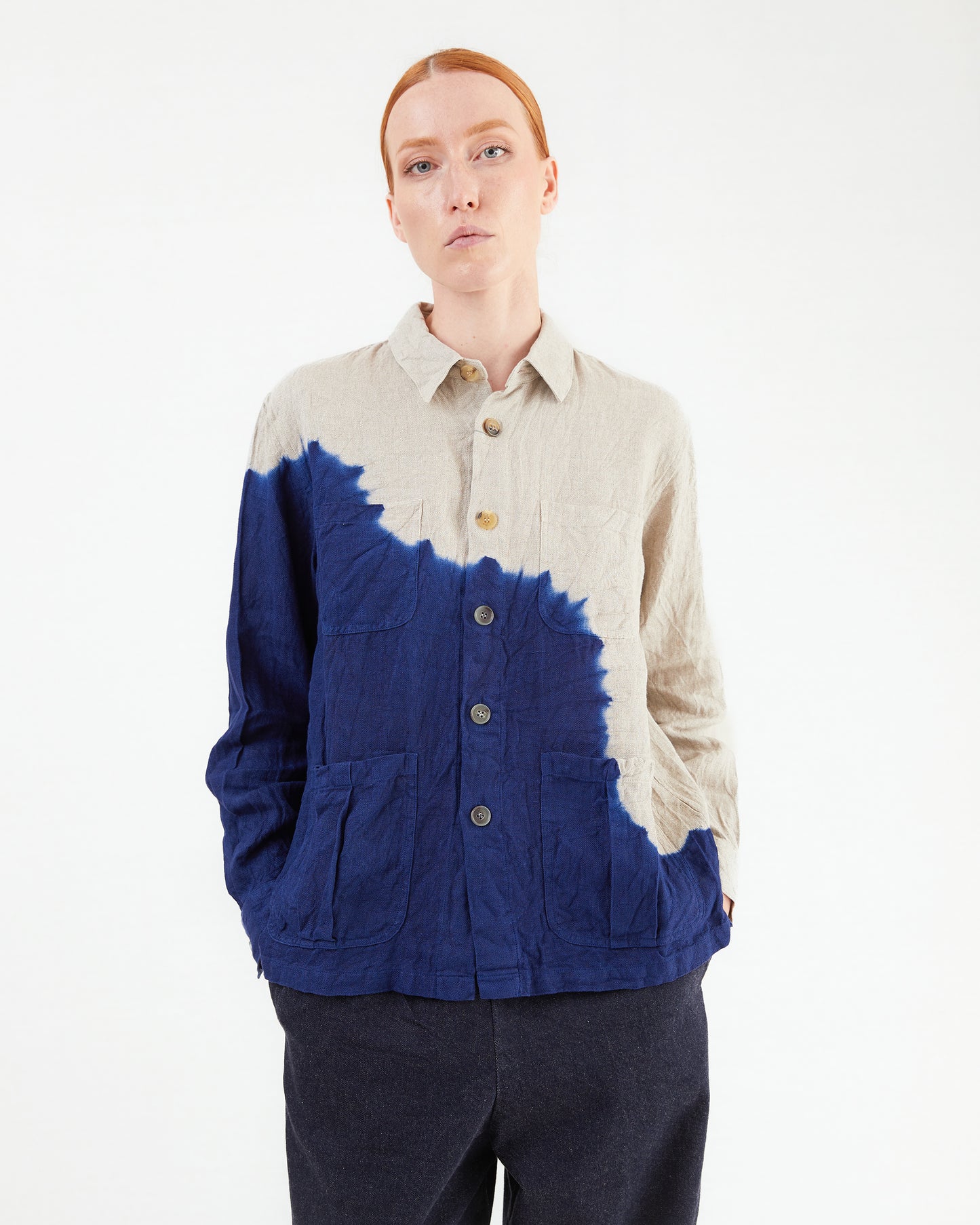 Suzusan Boushi Somewake Shibori Overshirt in Navy/ Grege
