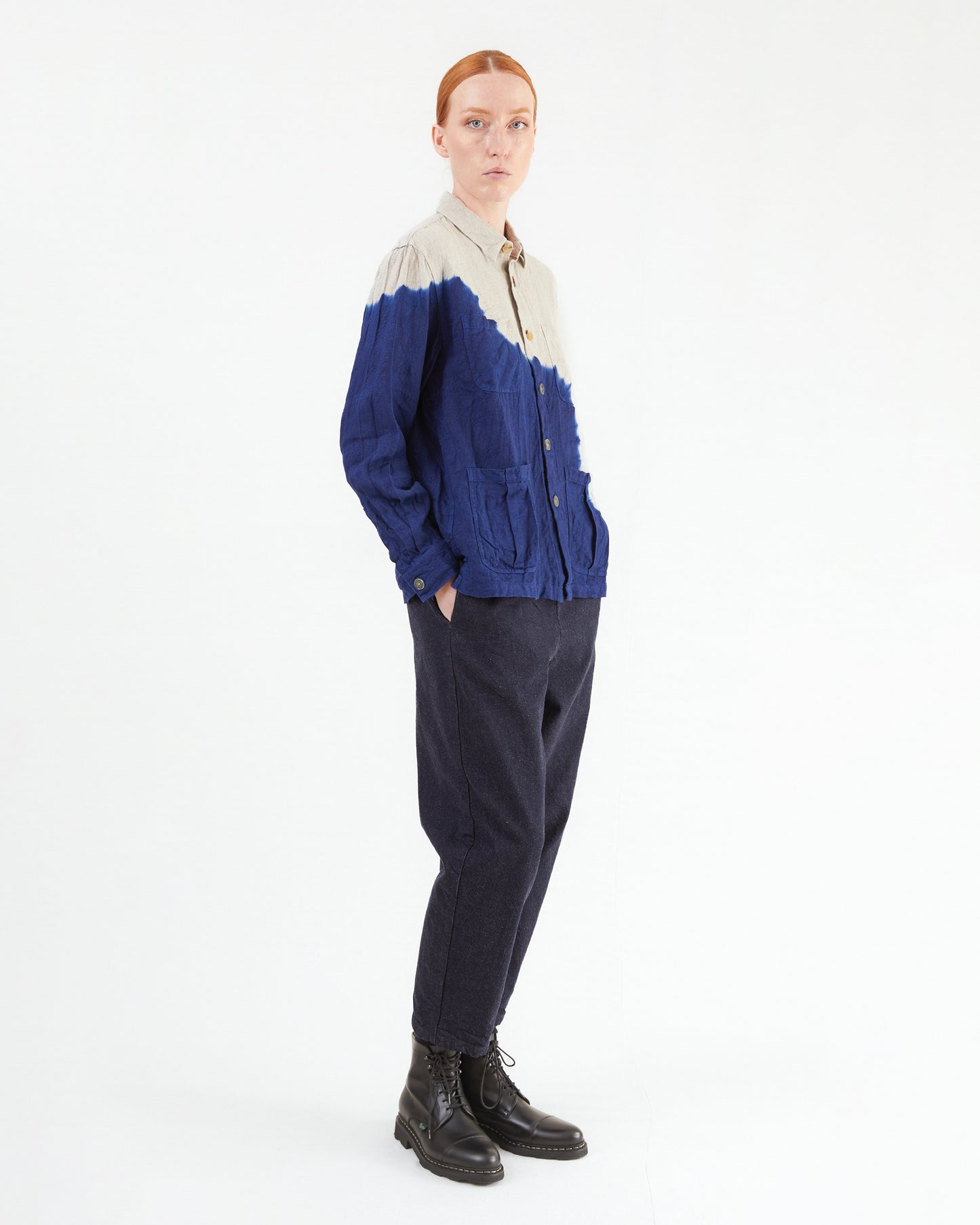 Suzusan Boushi Somewake Shibori Overshirt in Navy/ Grege