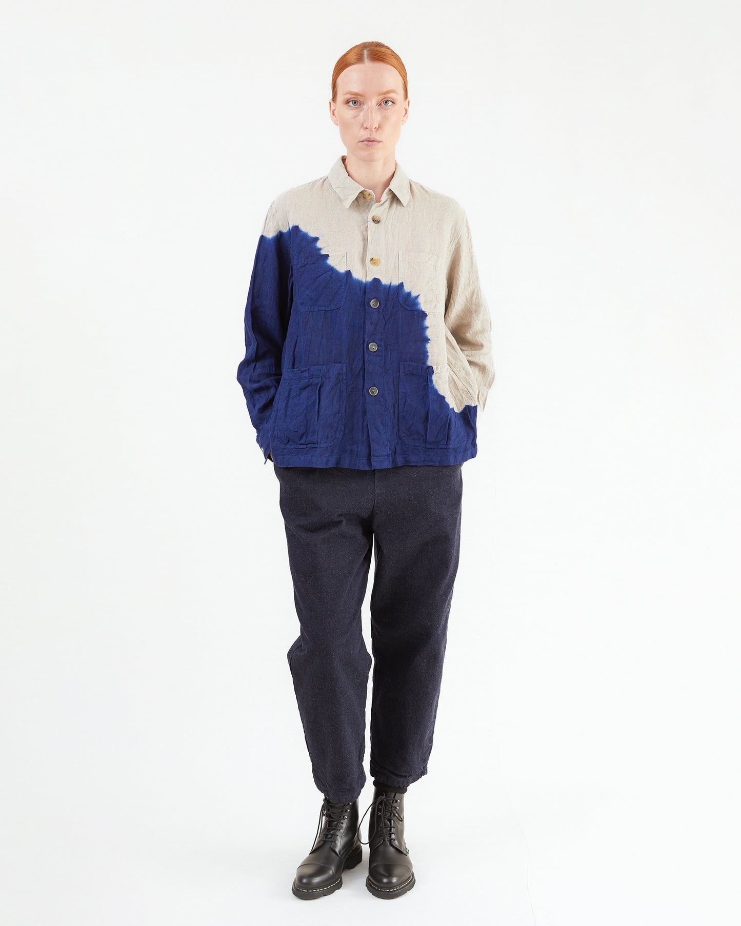 Suzusan Boushi Somewake Shibori Overshirt in Navy/ Grege